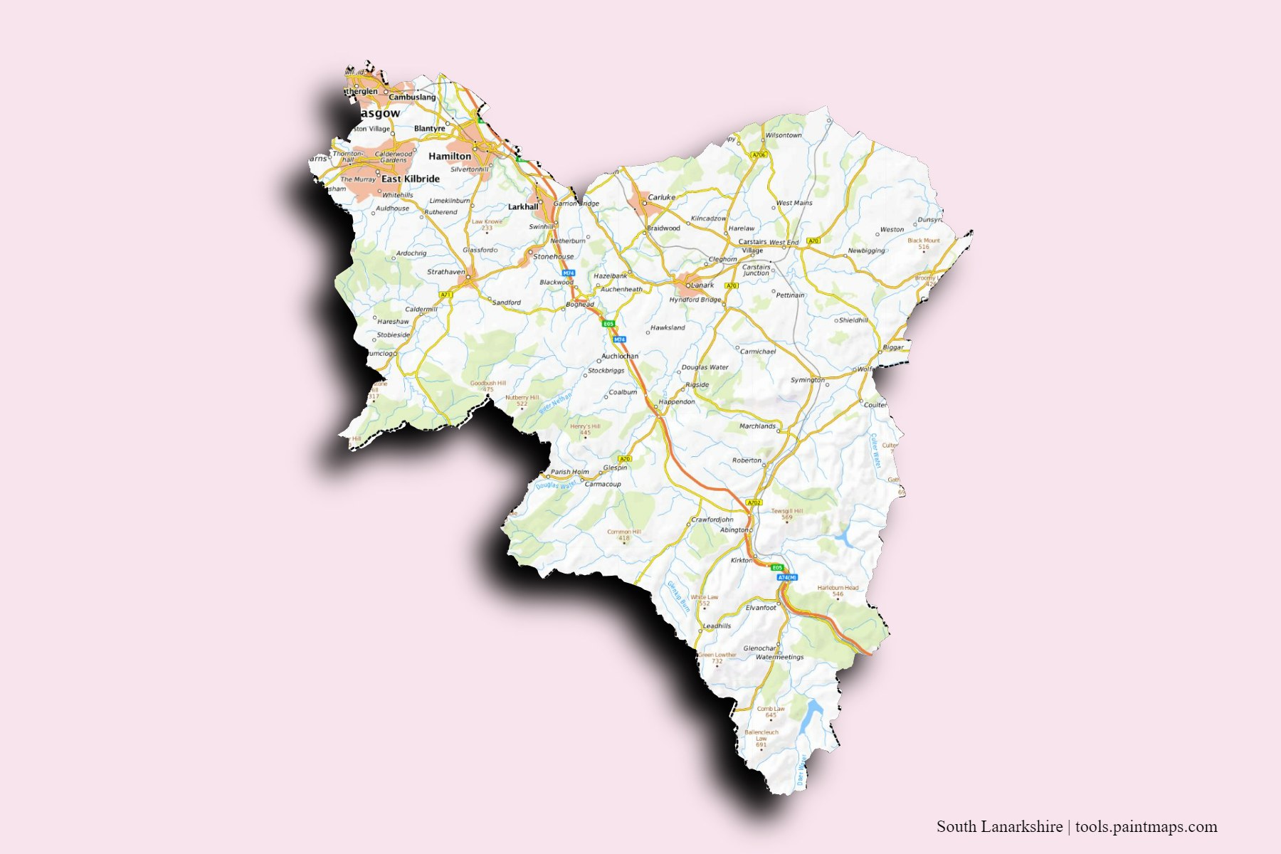 South Lanarkshire and counties map with 3D shadow effect