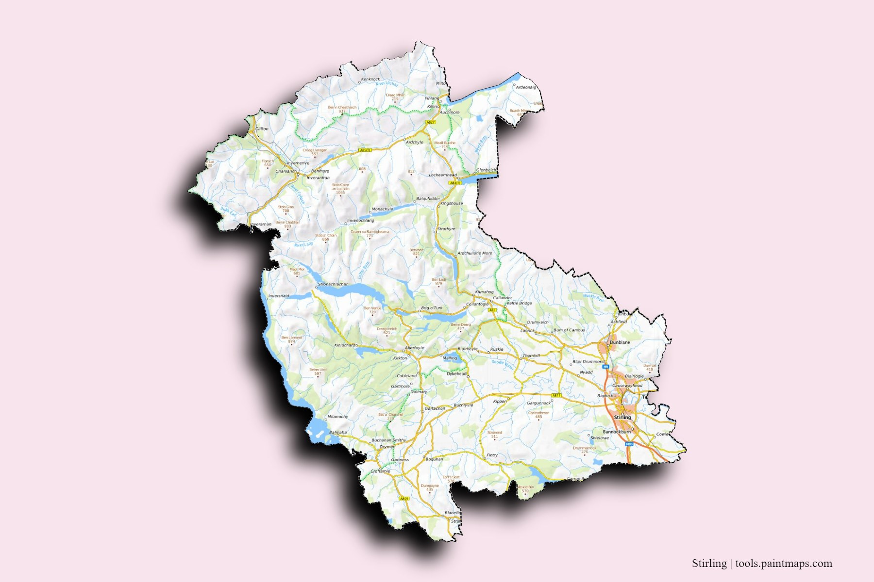 Stirling and counties map with 3D shadow effect