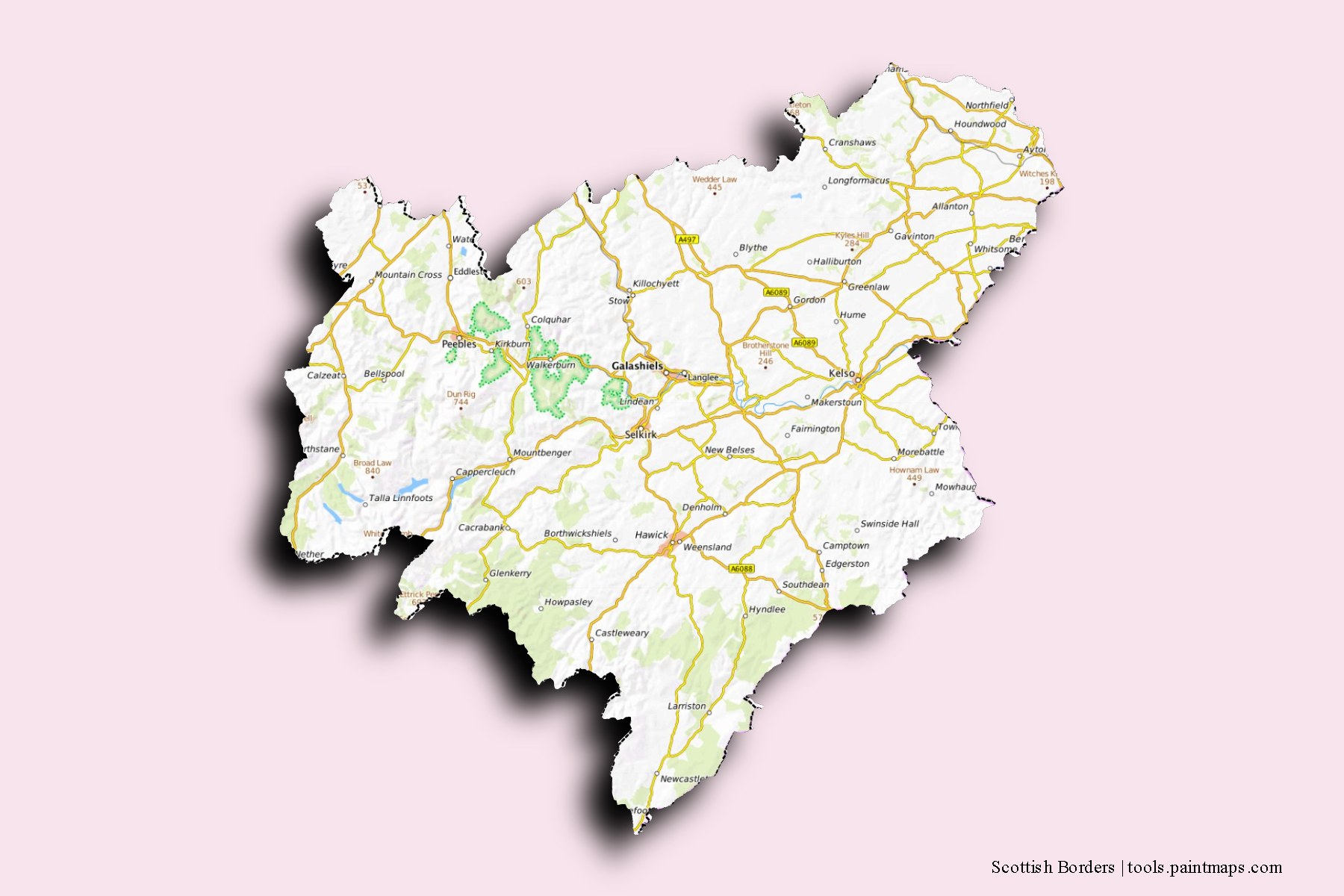 Mapa de Scottish Borders y sus distritos con efecto de sombra 3D