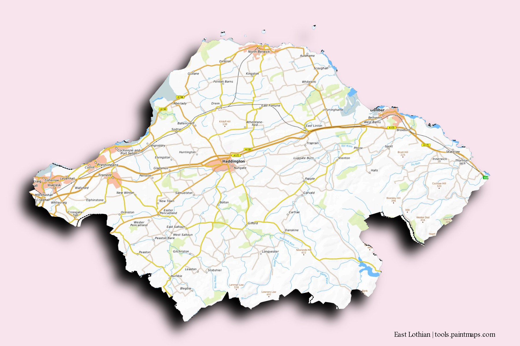 East Lothian and counties map with 3D shadow effect