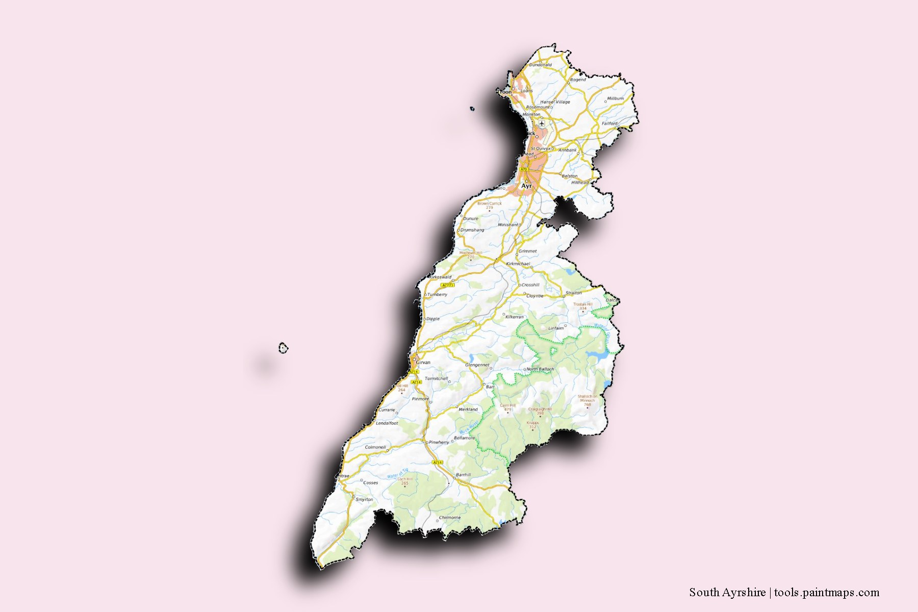 3D gölge efektli South Ayrshire ve ilçeleri haritası