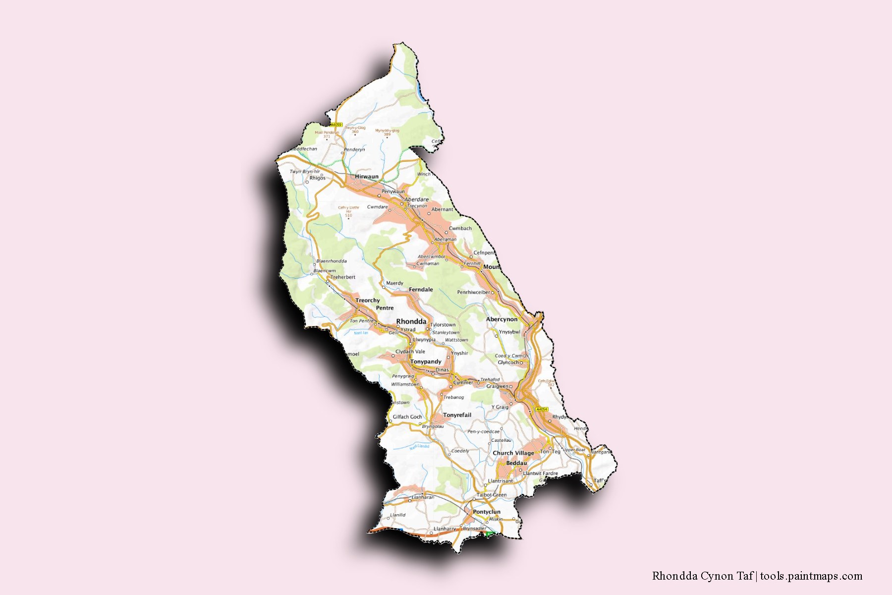 Rhondda Cynon Taf and counties map with 3D shadow effect