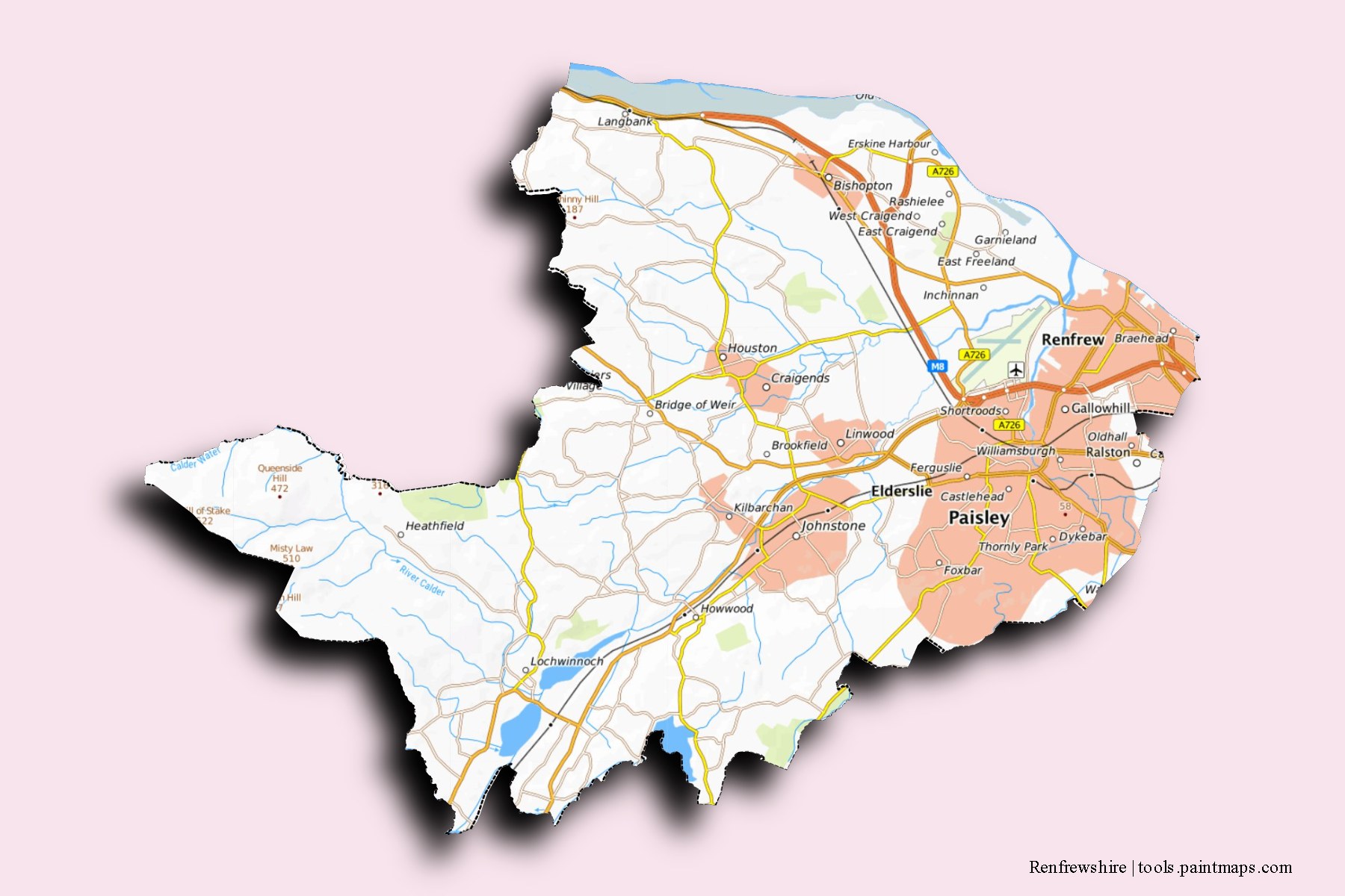 Mapa de Renfrewshire y sus distritos con efecto de sombra 3D