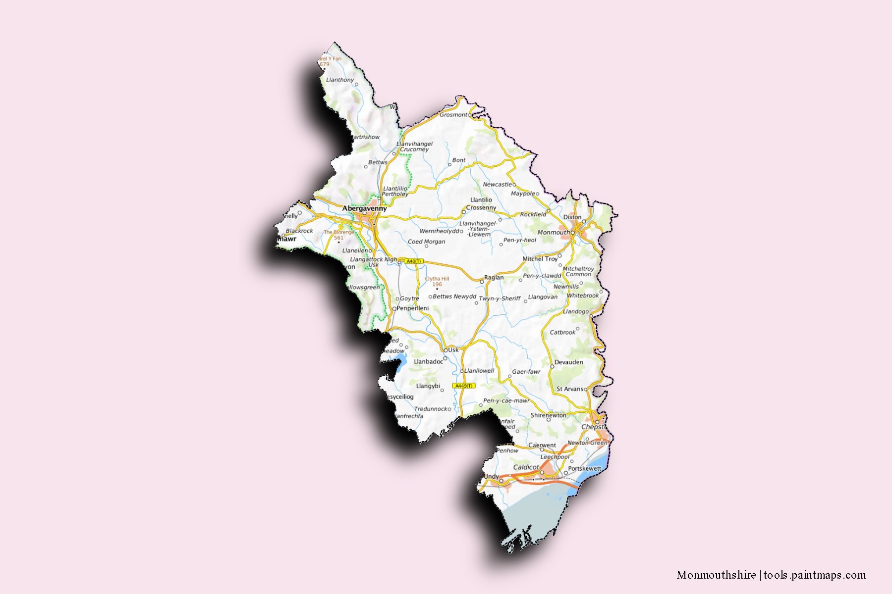 3D gölge efektli Monmouthshire ve ilçeleri haritası