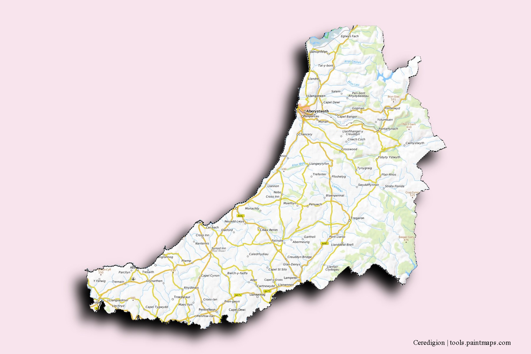 Ceredigion and counties map with 3D shadow effect