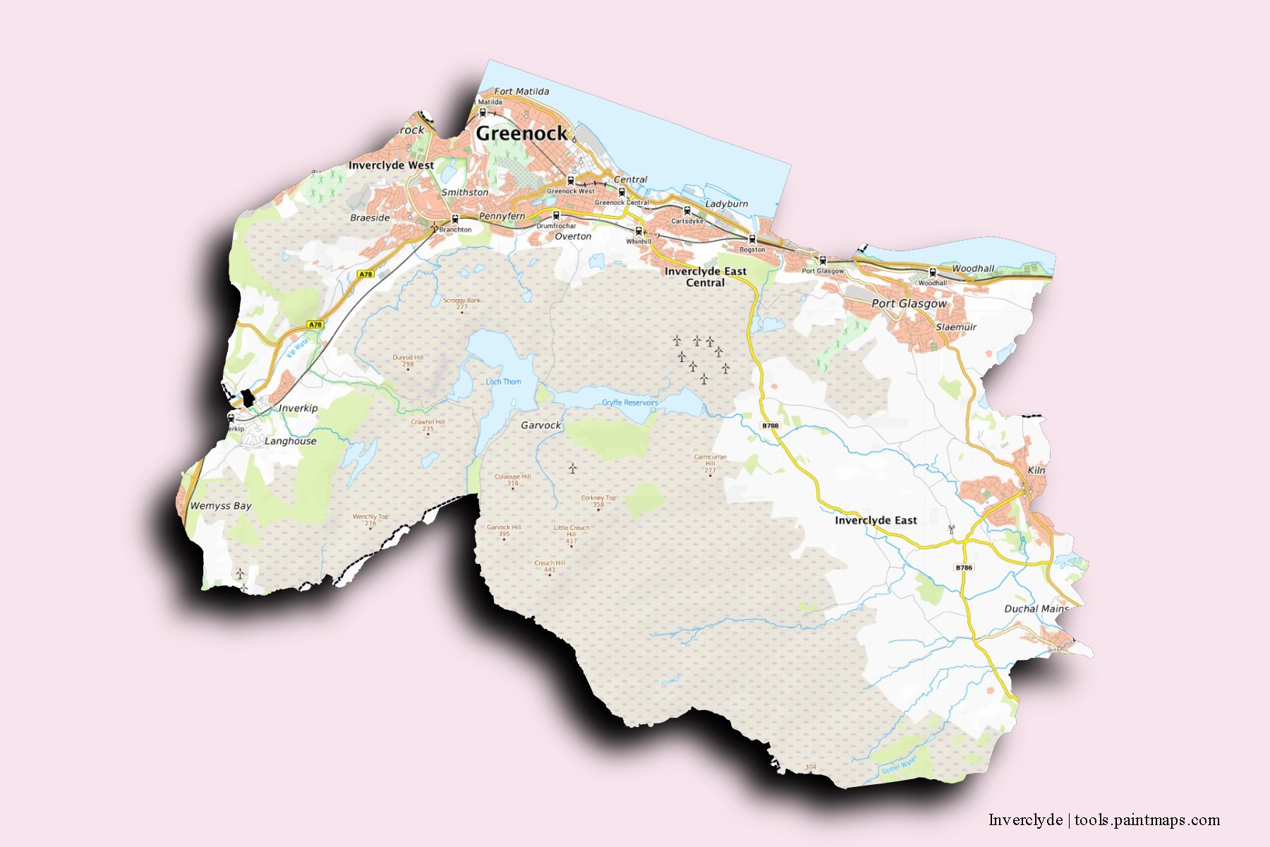 Inverclyde and counties map with 3D shadow effect