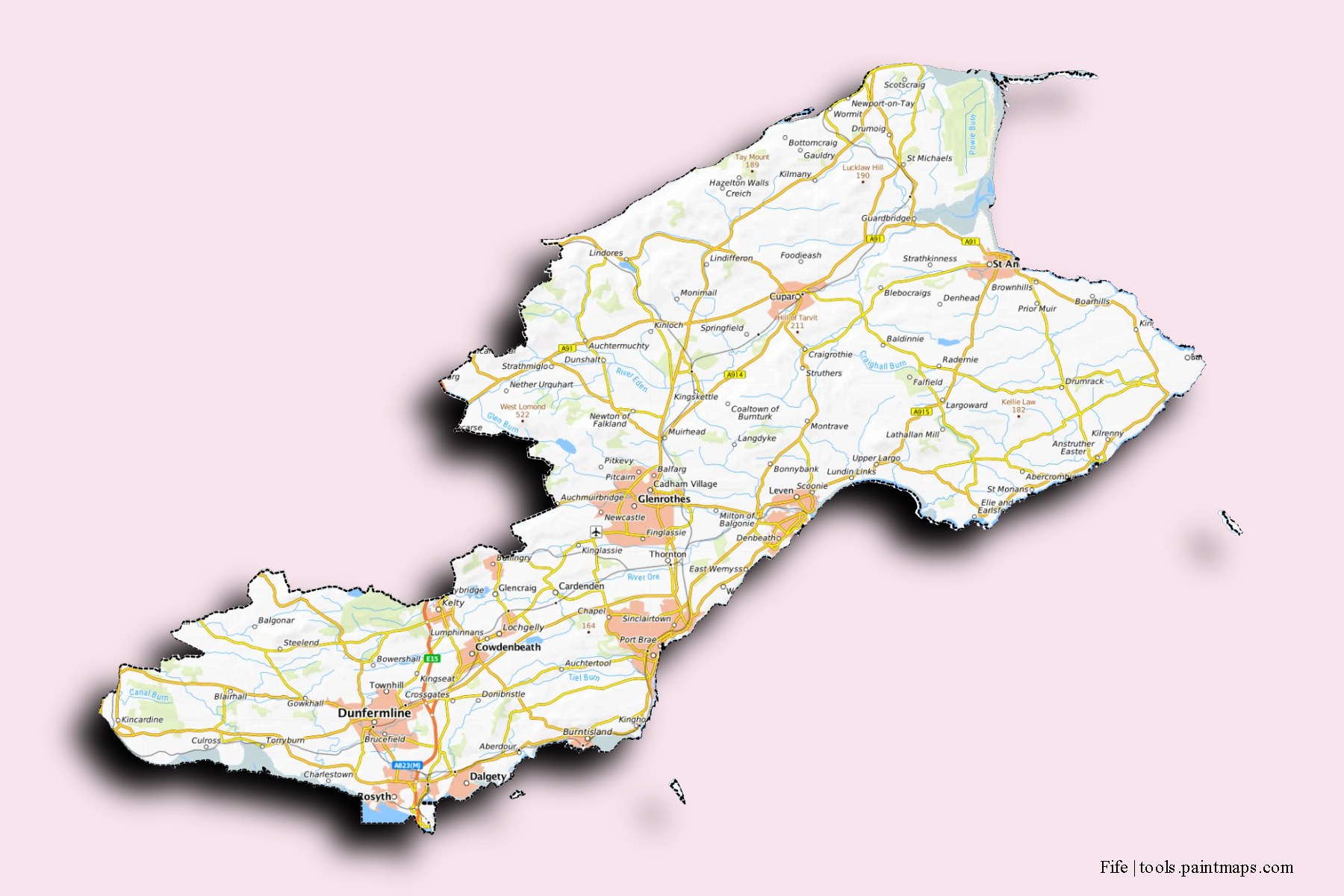 Fife and counties map with 3D shadow effect