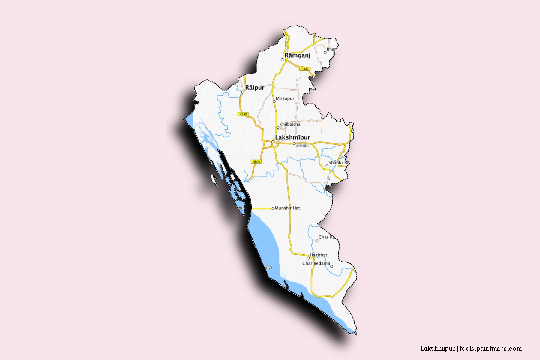 Mapa de barrios y pueblos de Lakshmipur con efecto de sombra 3D