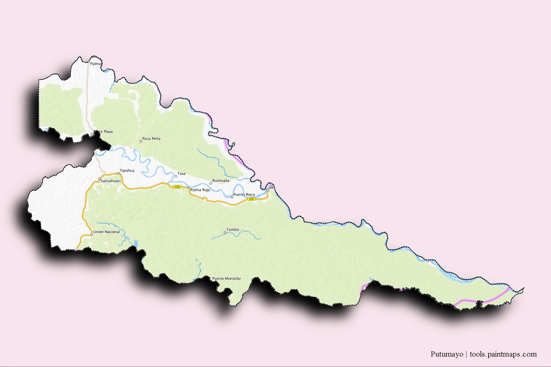 Mapa de barrios y pueblos de Putumayo con efecto de sombra 3D