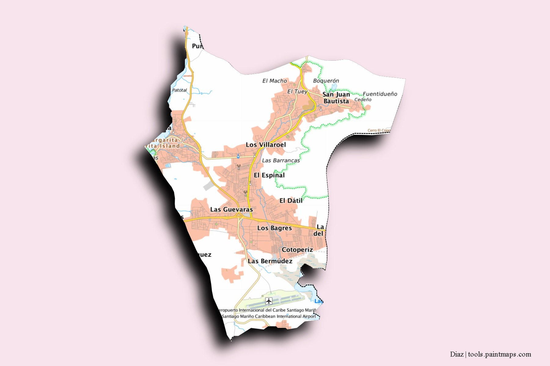 Mapa de barrios y pueblos de Diaz con efecto de sombra 3D