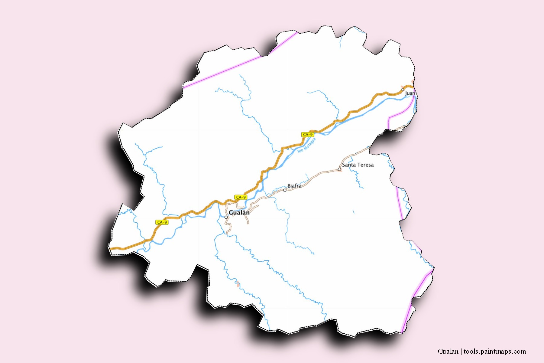 Gualán neighborhoods and villages map with 3D shadow effect