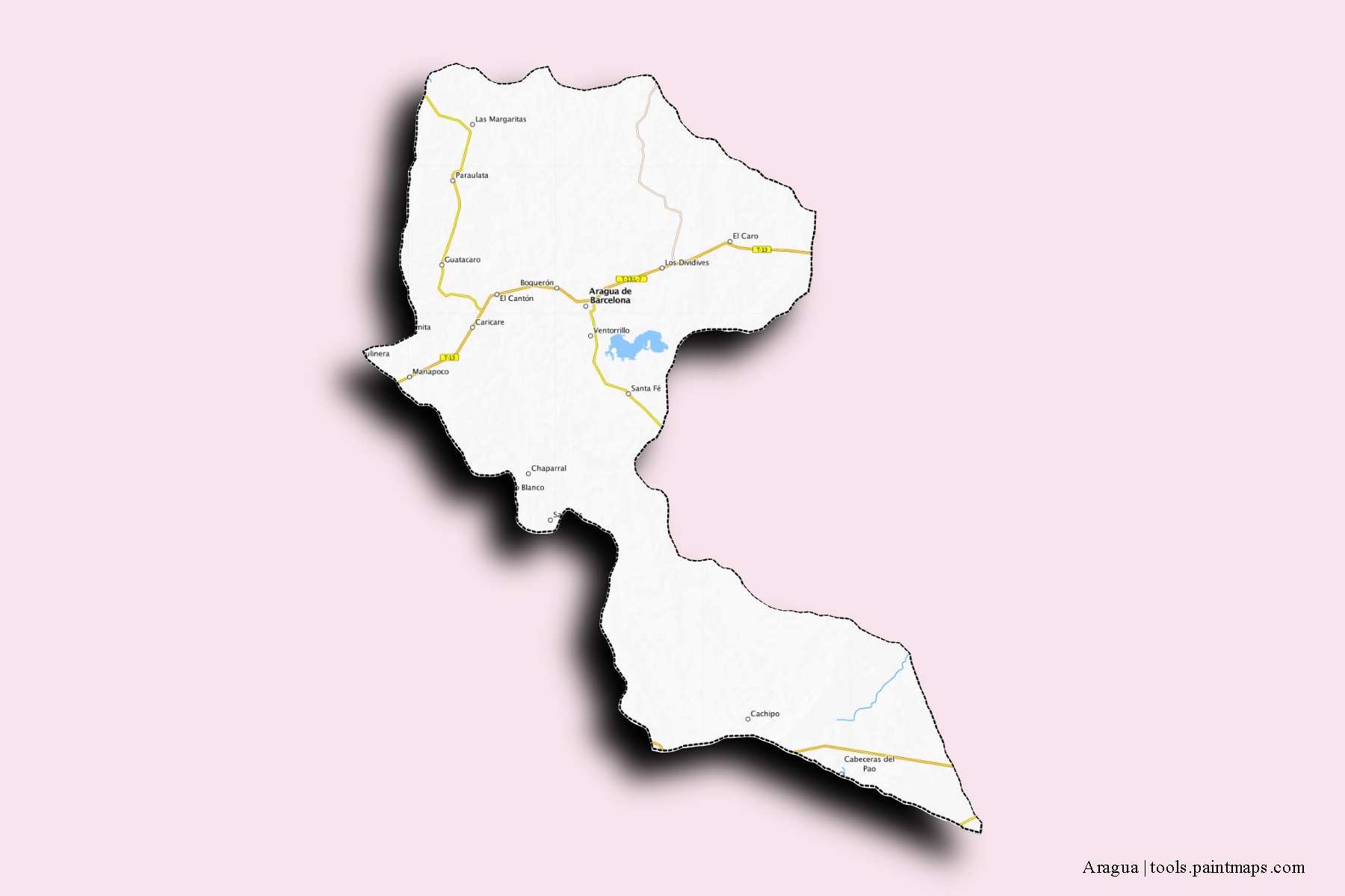 Mapa de barrios y pueblos de Aragua con efecto de sombra 3D