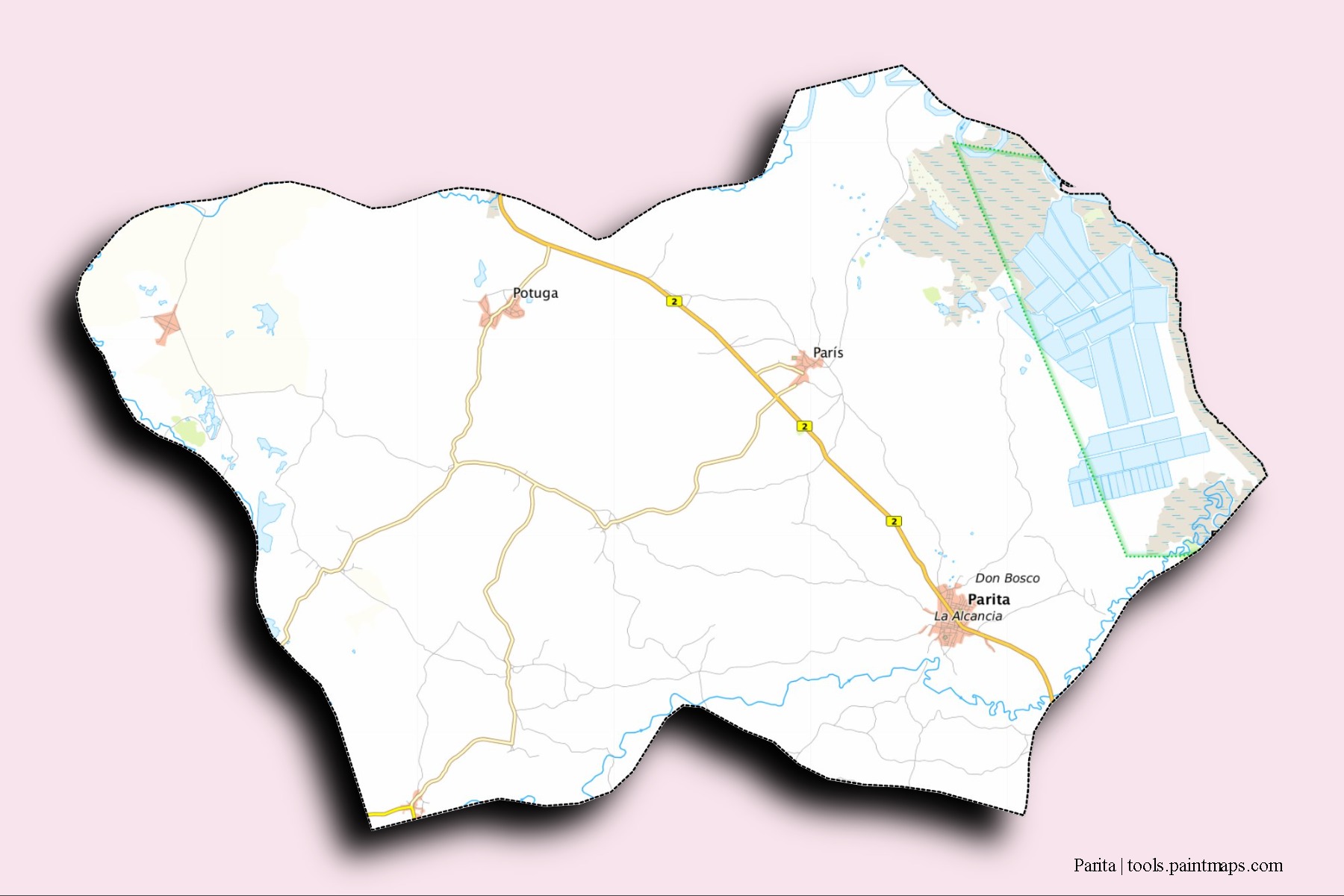 Mapa de barrios y pueblos de Parita con efecto de sombra 3D