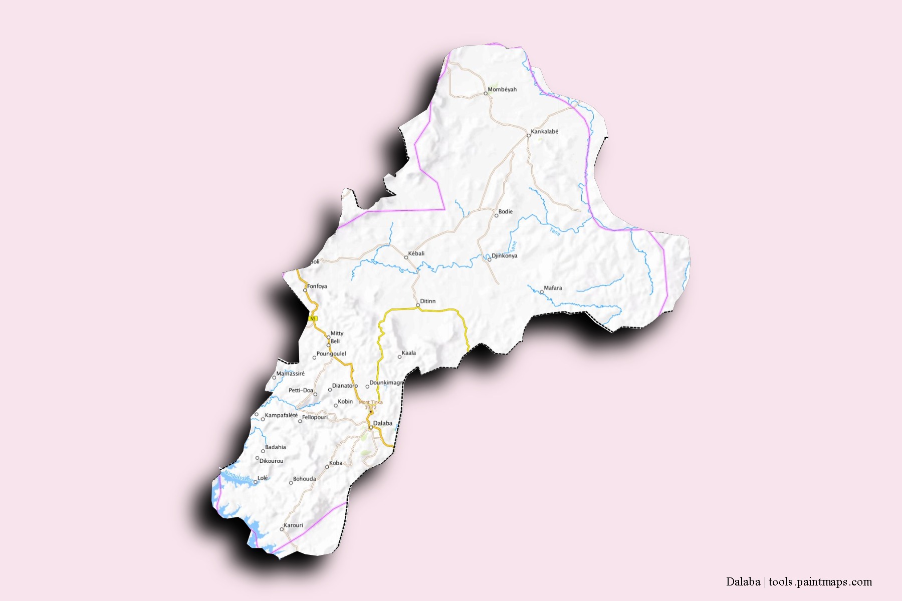 Dalaba neighborhoods and villages map with 3D shadow effect