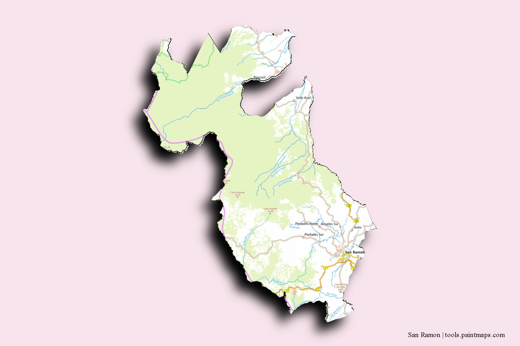 Mapa de barrios y pueblos de San Ramon con efecto de sombra 3D