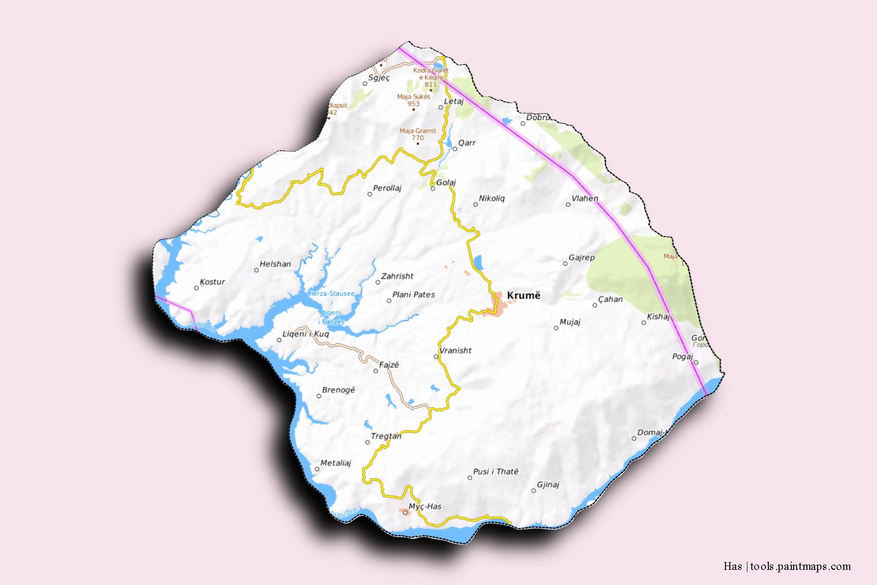 Mapa de barrios y pueblos de Has con efecto de sombra 3D