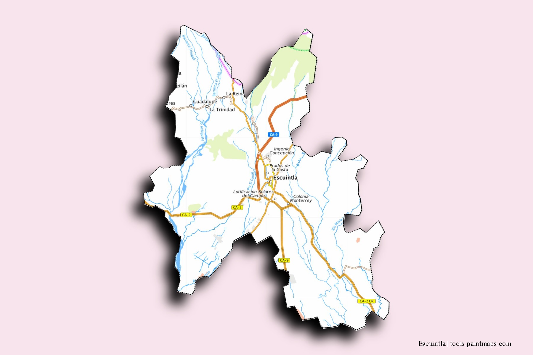 Mapa de barrios y pueblos de Escuintla con efecto de sombra 3D