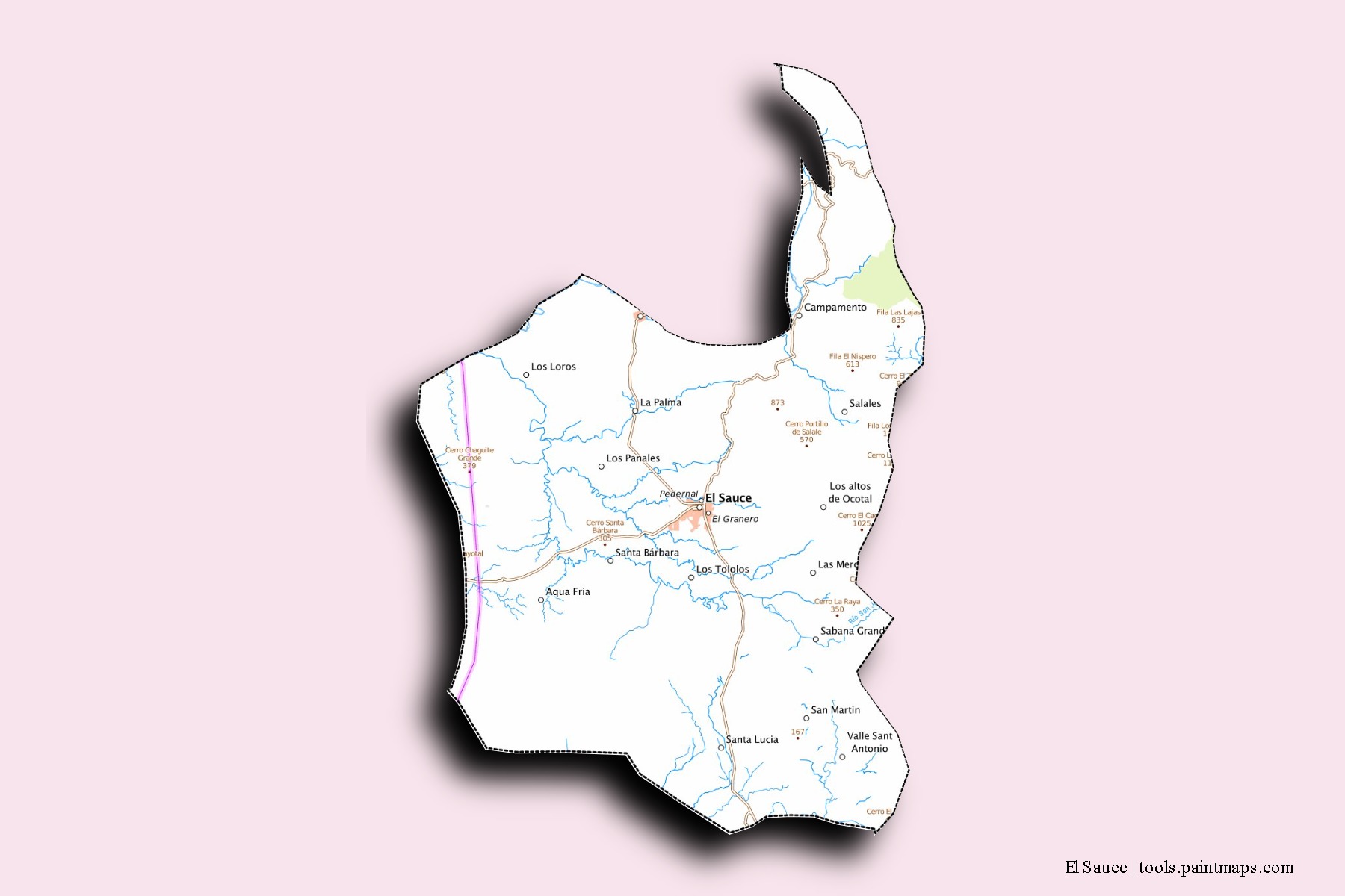 Mapa de barrios y pueblos de El Sauce con efecto de sombra 3D