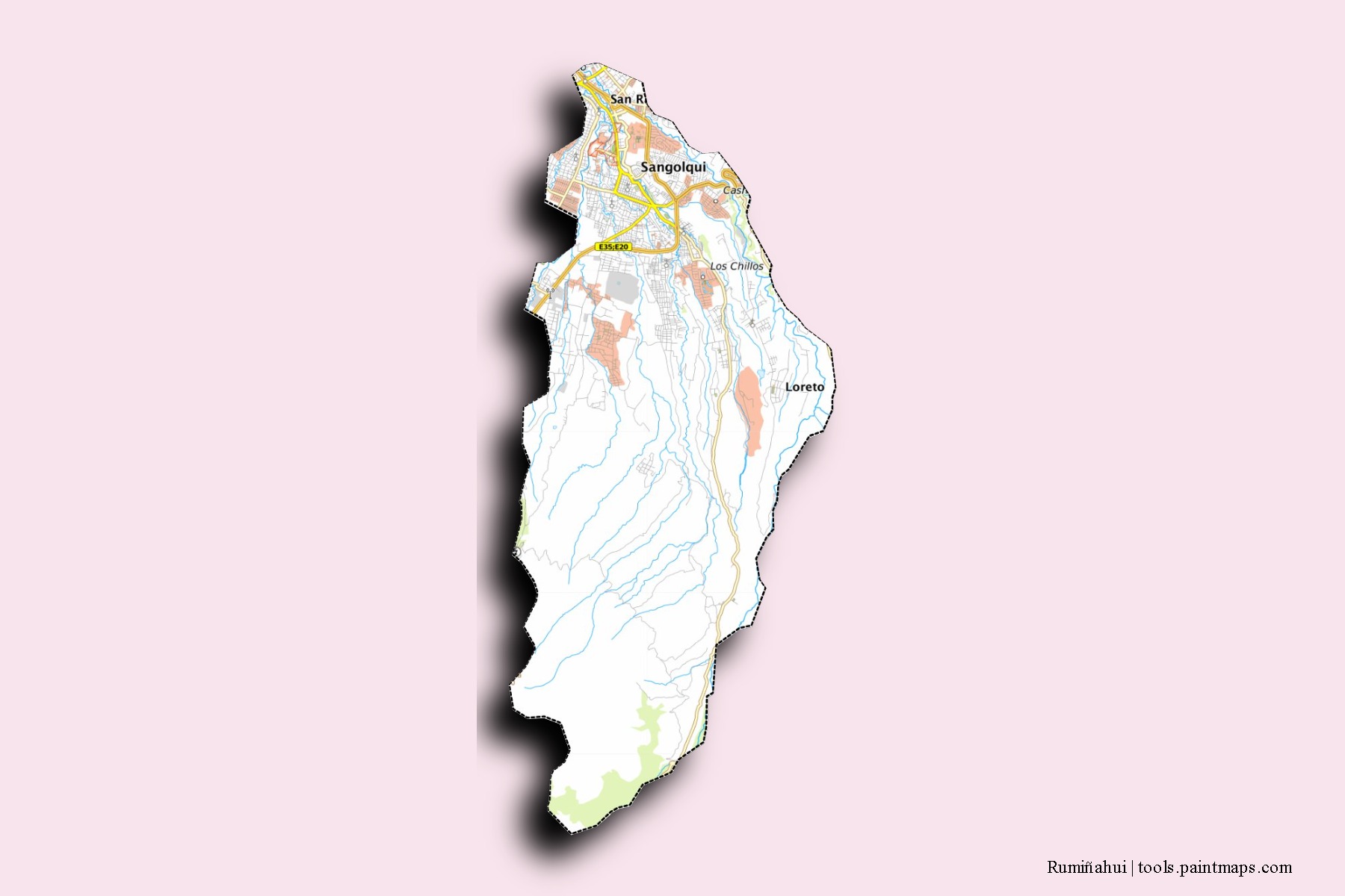 Mapa de barrios y pueblos de Rumiñahui con efecto de sombra 3D