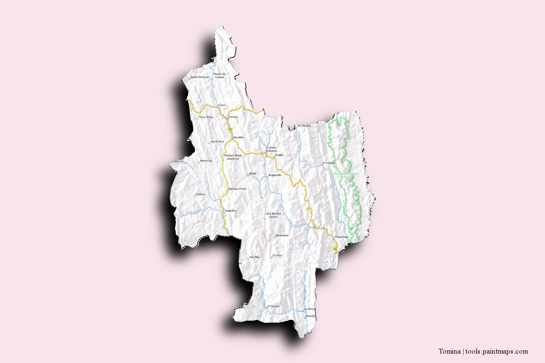 Tomina neighborhoods and villages map with 3D shadow effect