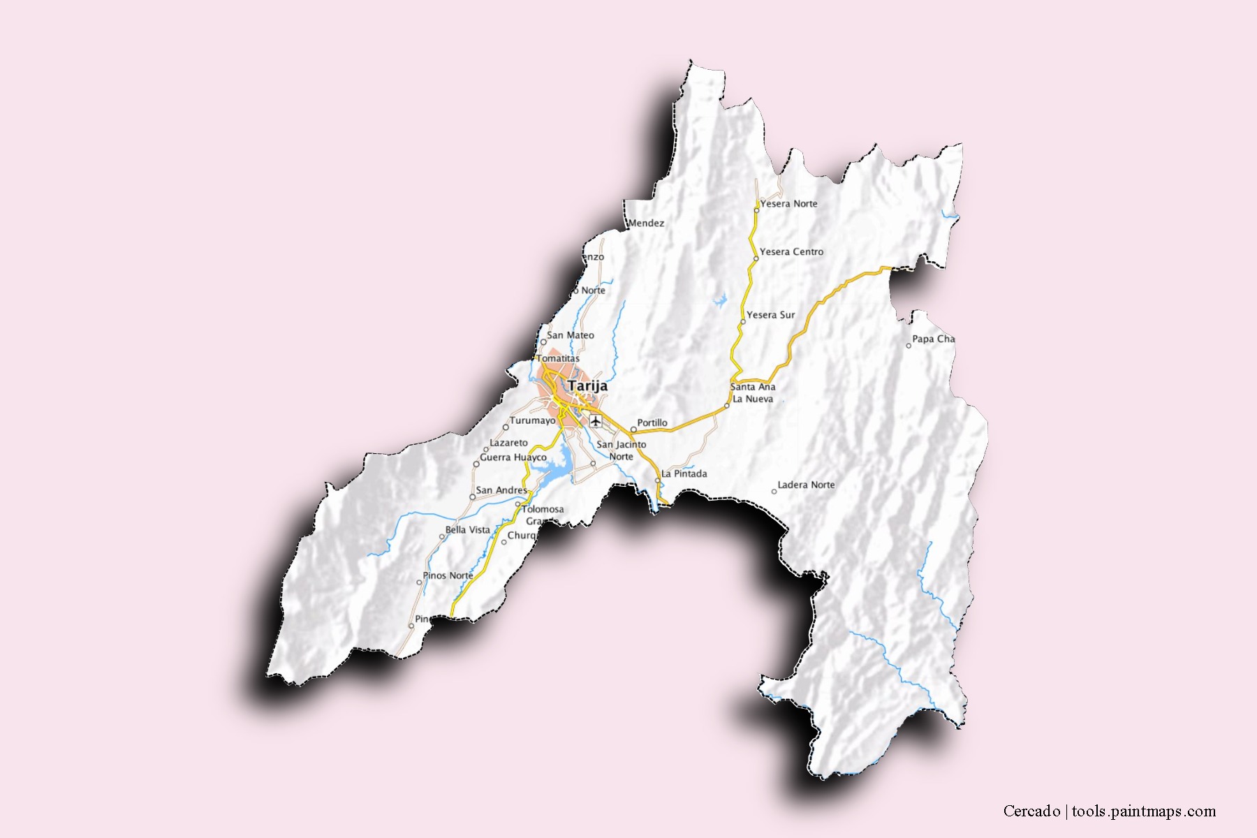 Mapa de barrios y pueblos de Cercado con efecto de sombra 3D