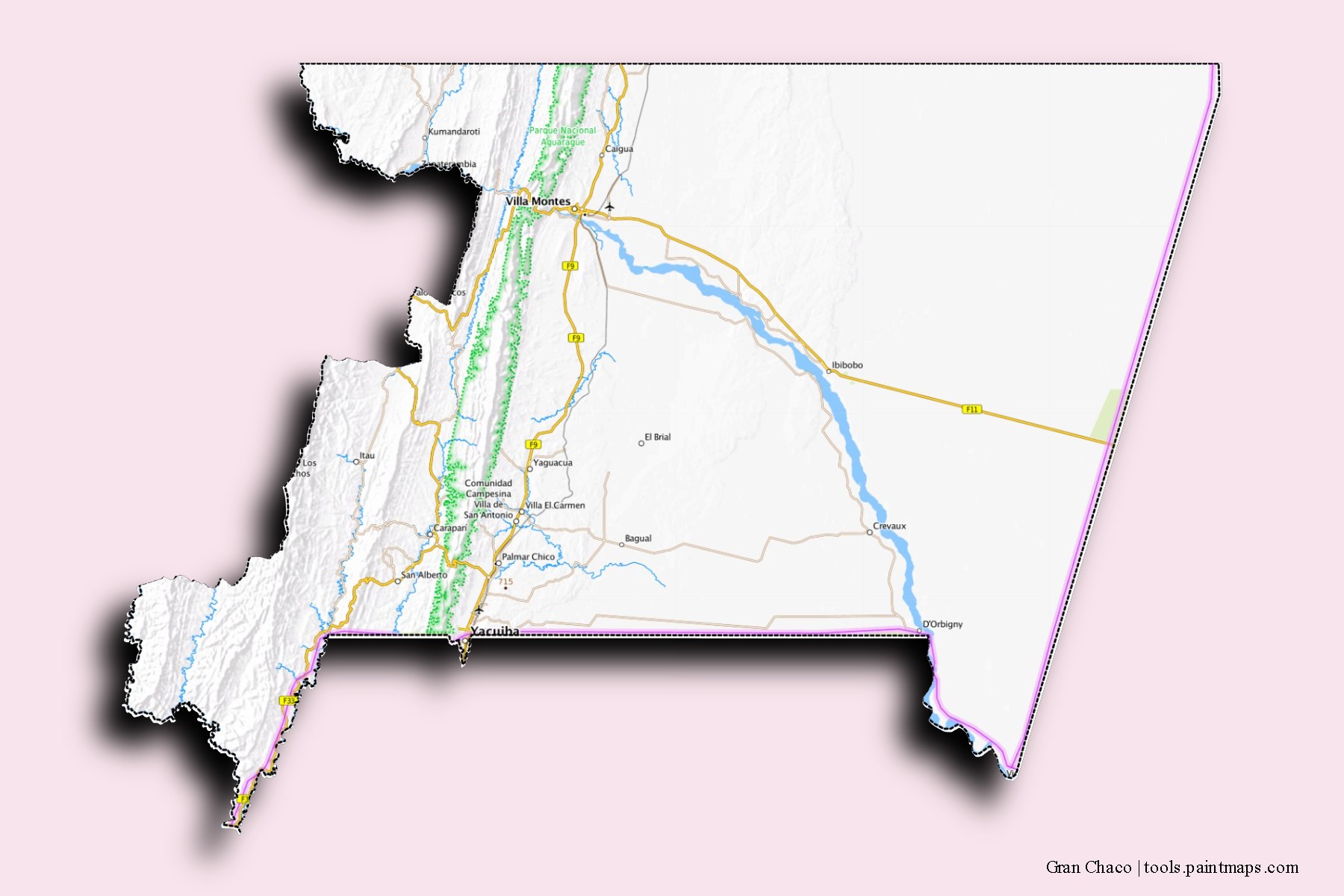 Gran Chaco neighborhoods and villages map with 3D shadow effect