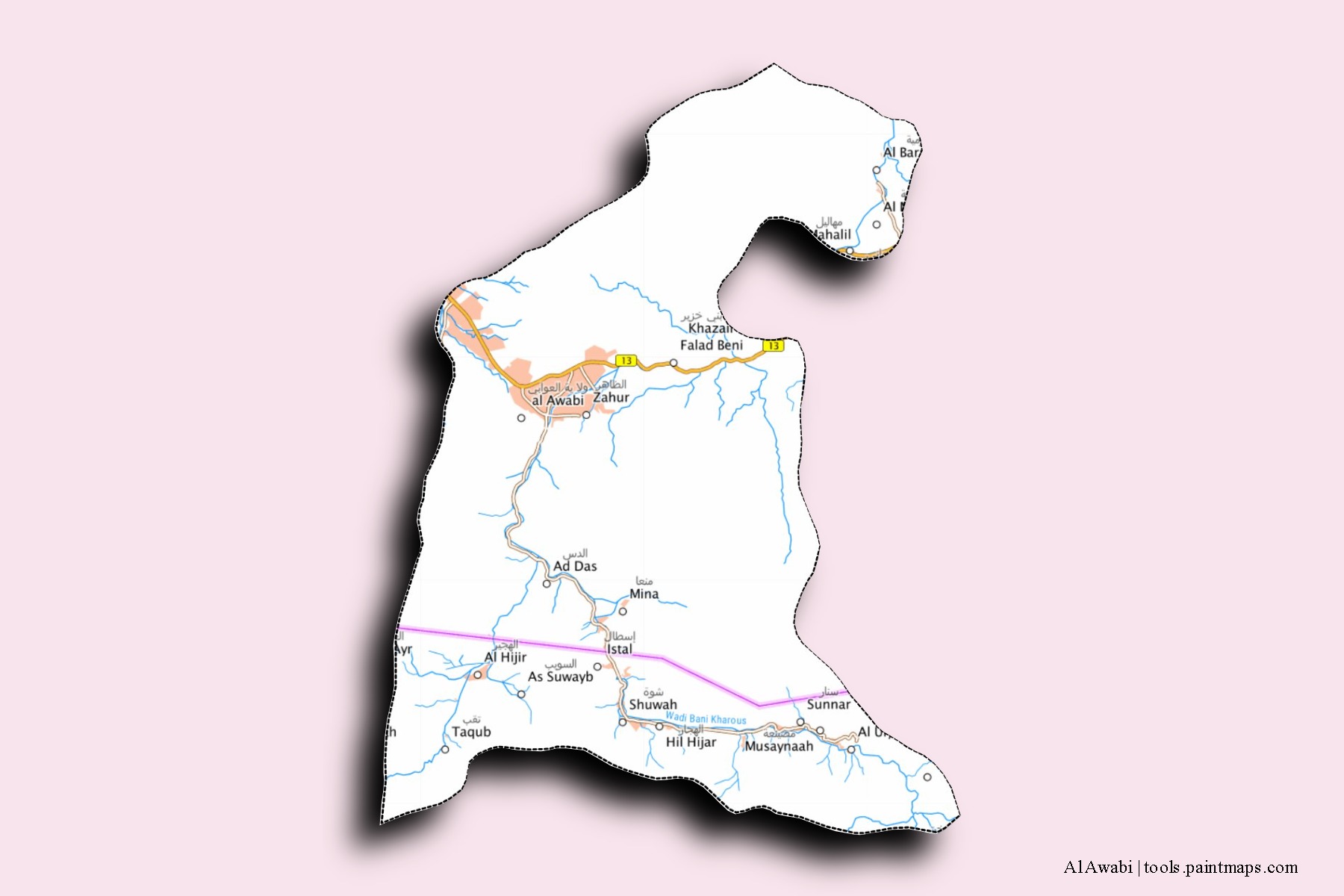 3D gölge efektli Al Awabi mahalleleri ve köyleri haritası