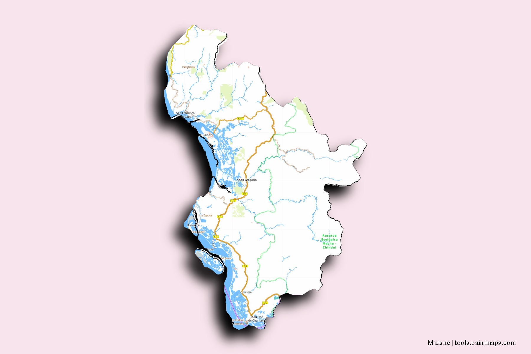 Mapa de barrios y pueblos de Muisne con efecto de sombra 3D