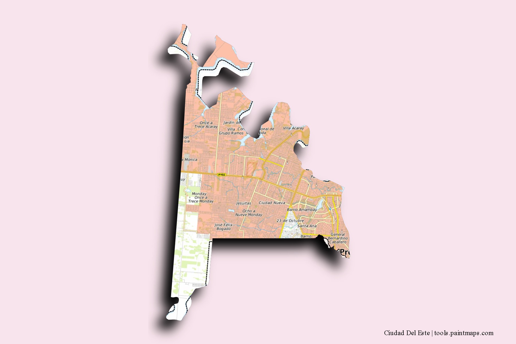 Mapa de barrios y pueblos de Ciudad Del Este con efecto de sombra 3D