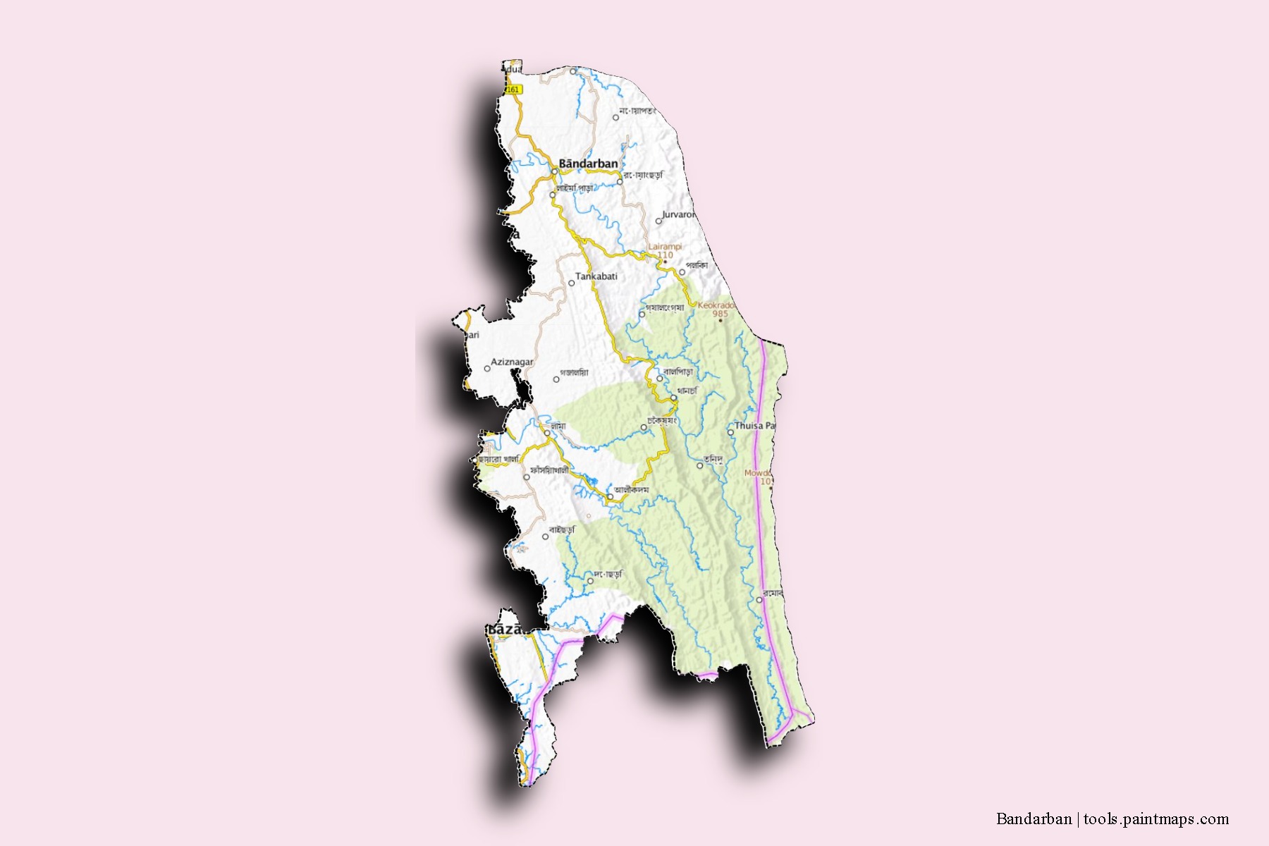 Bandarban neighborhoods and villages map with 3D shadow effect