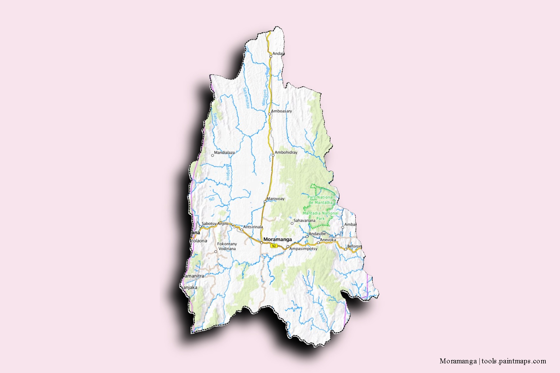 Moramanga neighborhoods and villages map with 3D shadow effect