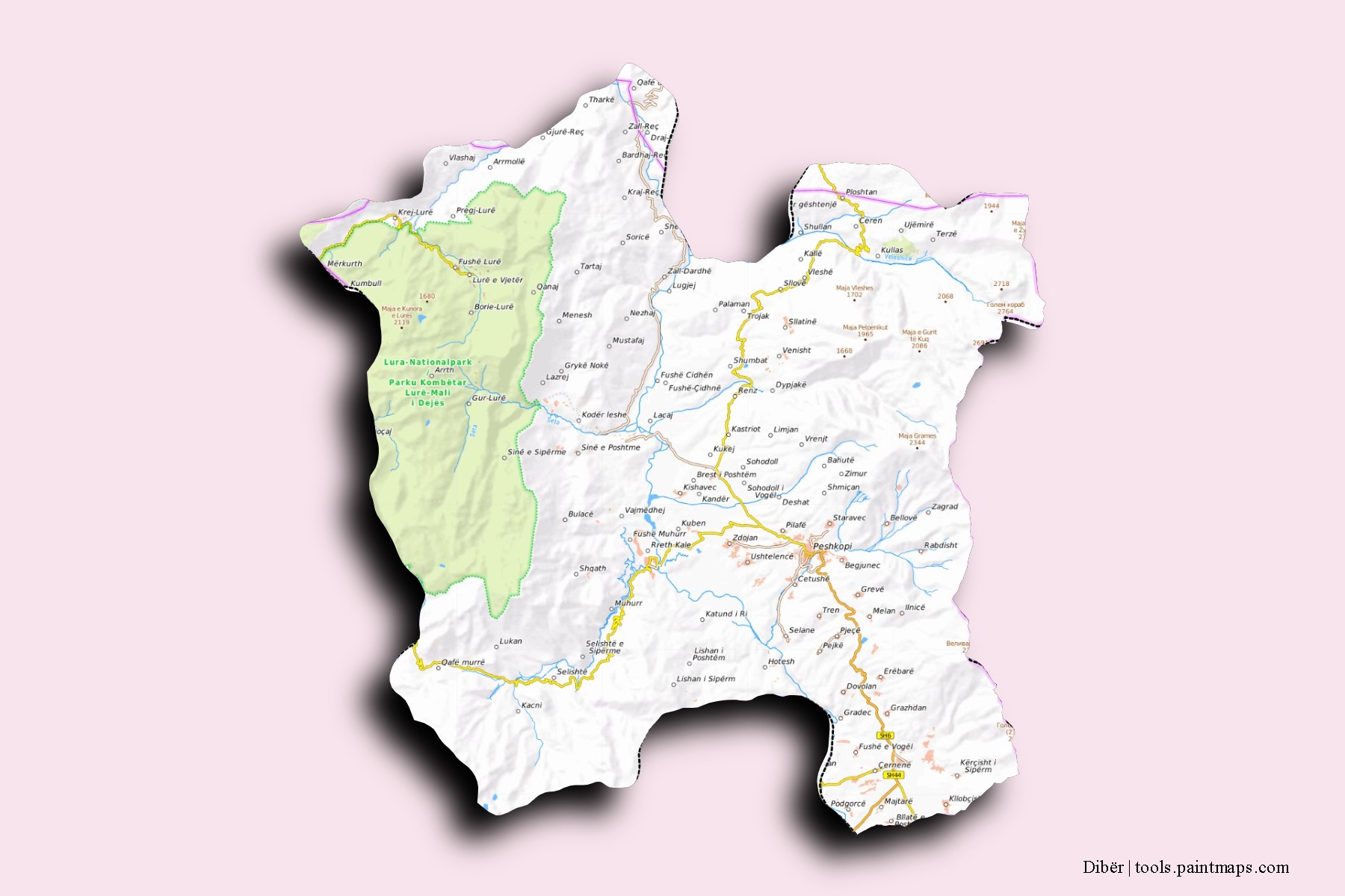 Mapa de barrios y pueblos de Dibër con efecto de sombra 3D