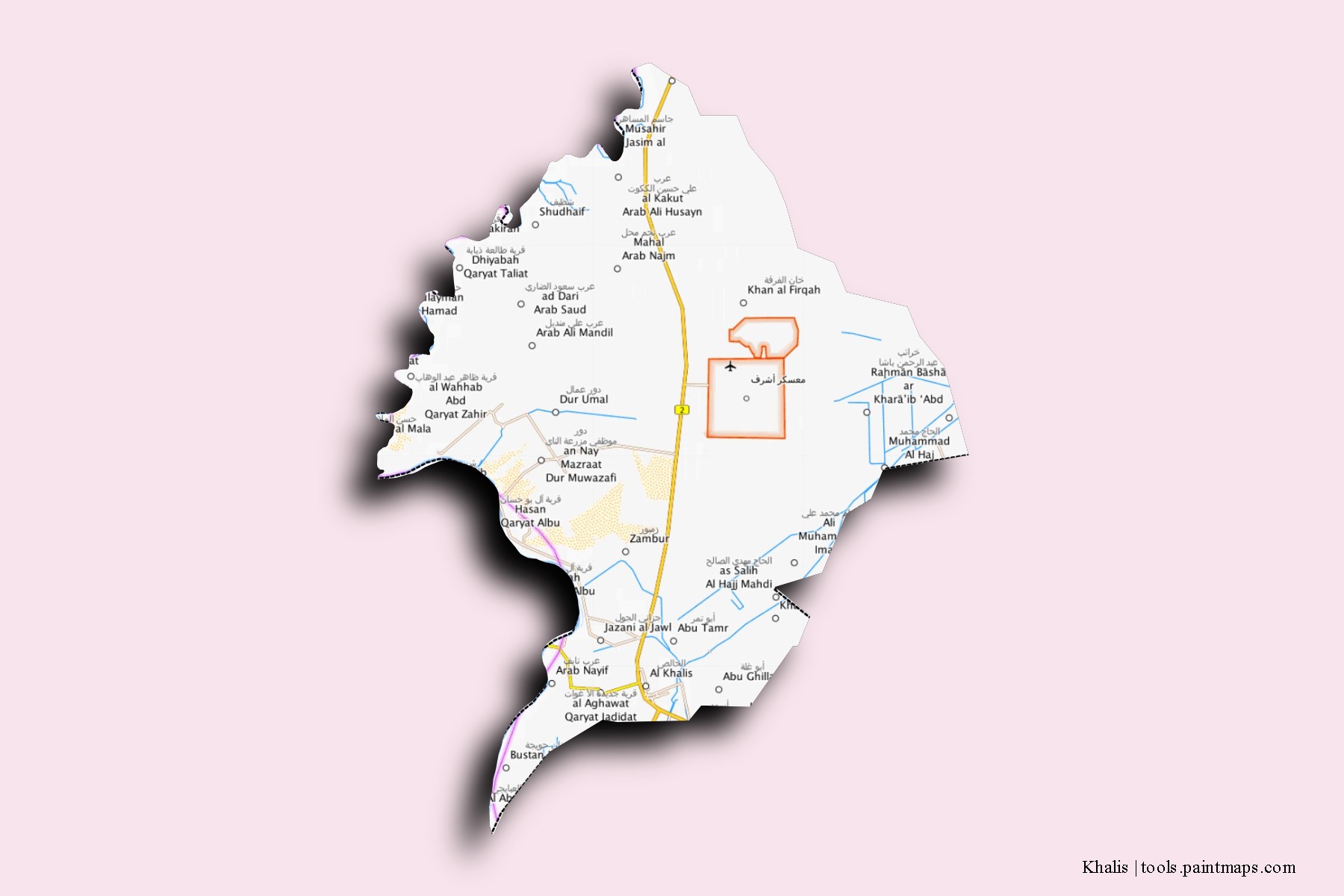 Mapa de barrios y pueblos de Khalis con efecto de sombra 3D