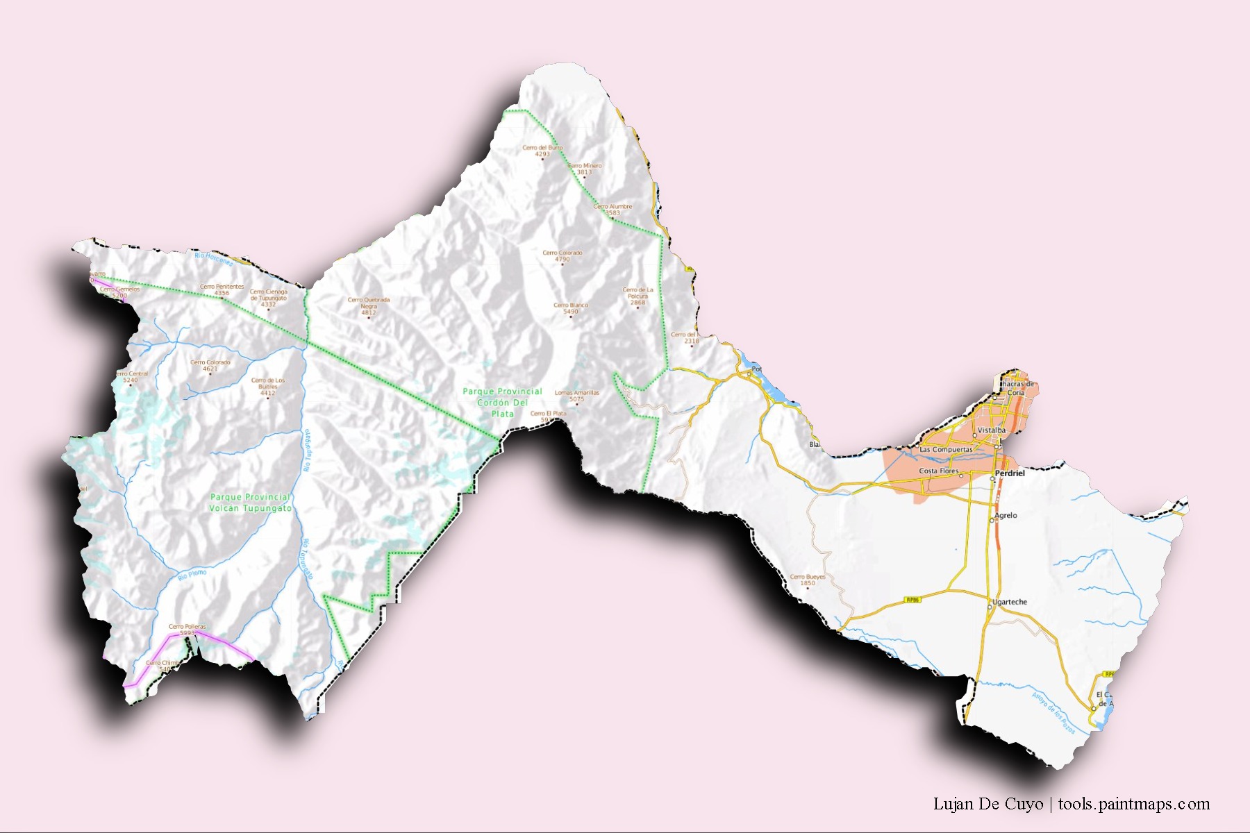 Luján de Cuyo neighborhoods and villages map with 3D shadow effect