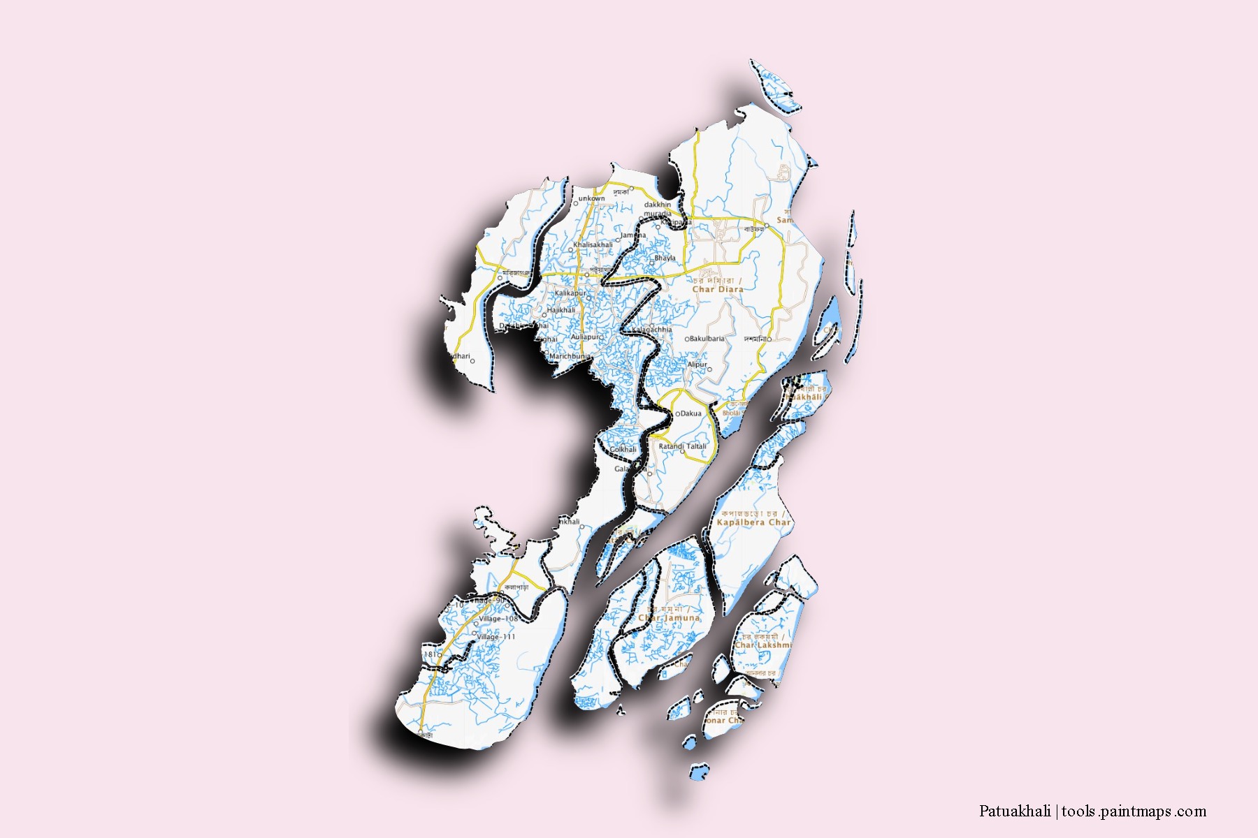 Mapa de barrios y pueblos de Patuakhali con efecto de sombra 3D