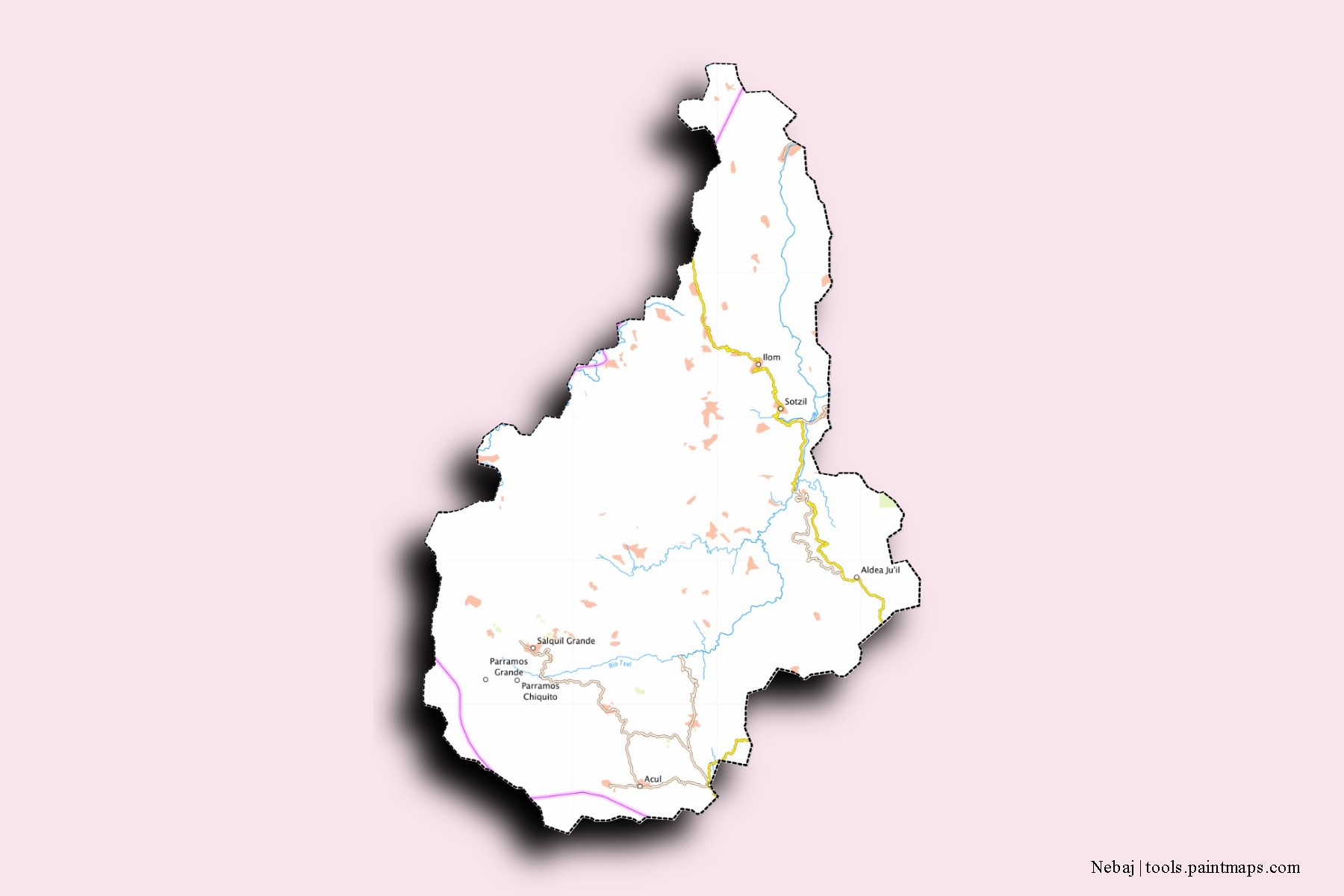 Mapa de barrios y pueblos de Nebaj con efecto de sombra 3D