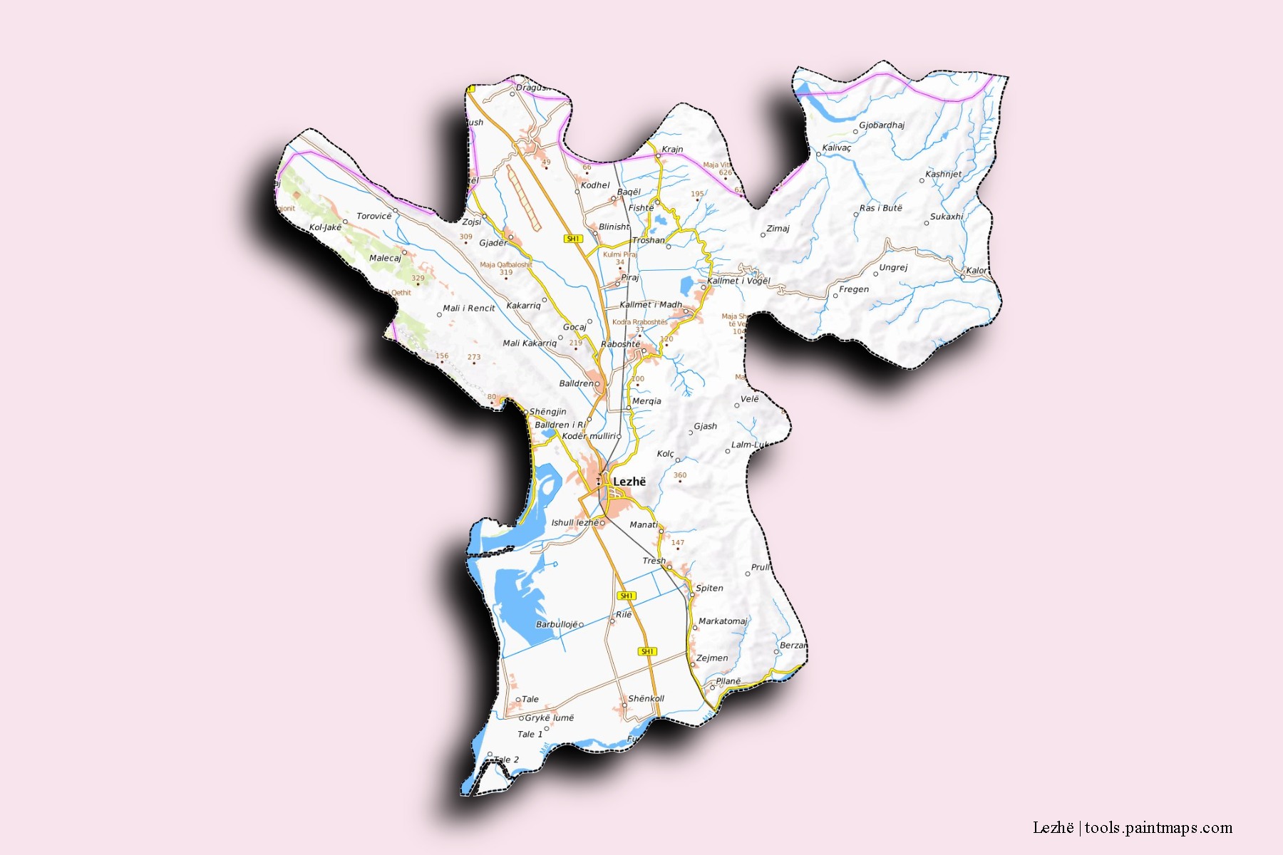 Mapa de barrios y pueblos de Lezhë con efecto de sombra 3D