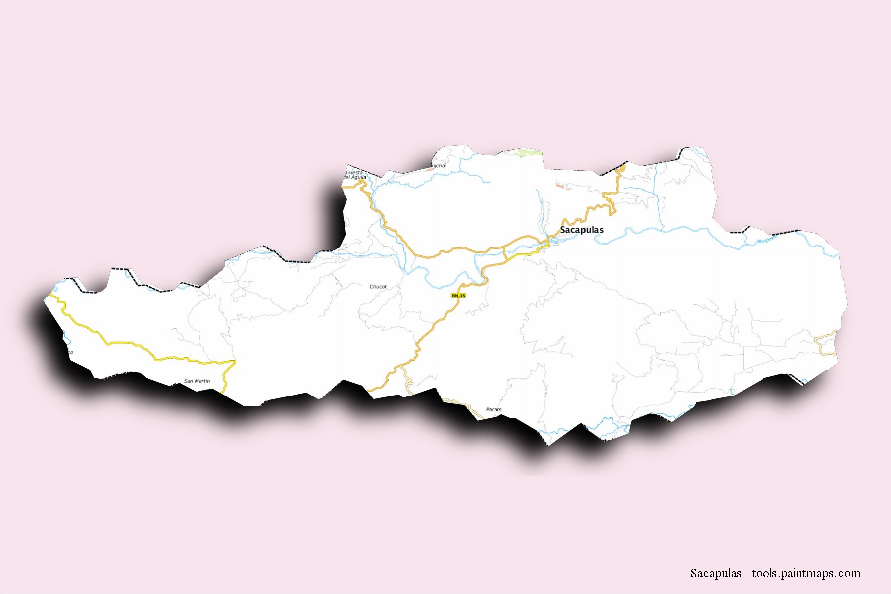 Mapa de barrios y pueblos de Sacapulas con efecto de sombra 3D