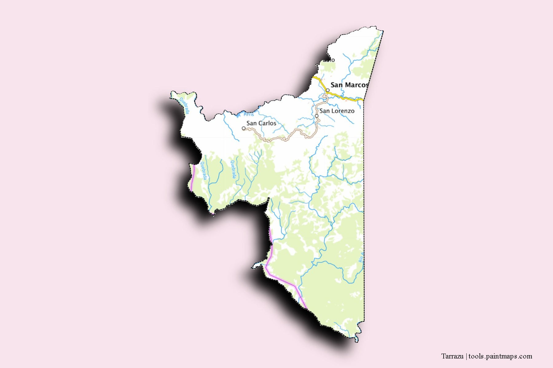 Mapa de barrios y pueblos de Tarrazu con efecto de sombra 3D