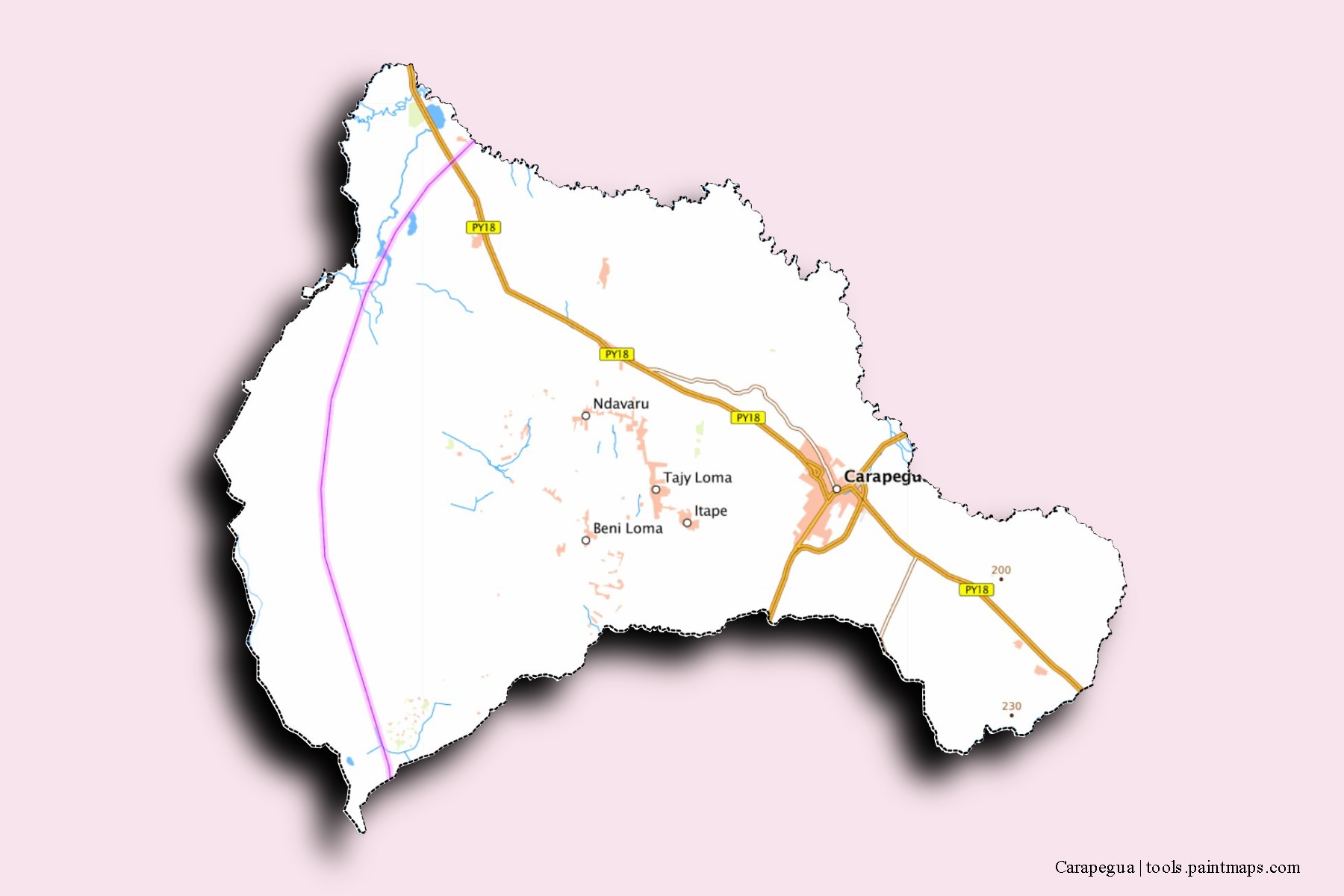 Mapa de barrios y pueblos de Carapegua con efecto de sombra 3D