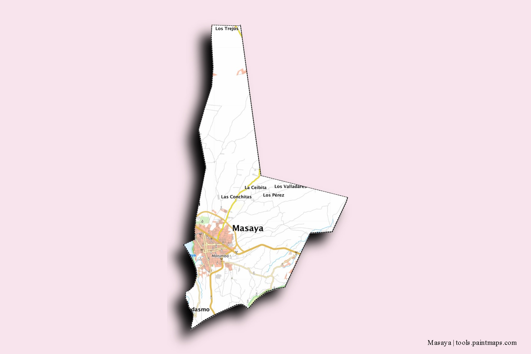 Mapa de barrios y pueblos de Masaya con efecto de sombra 3D