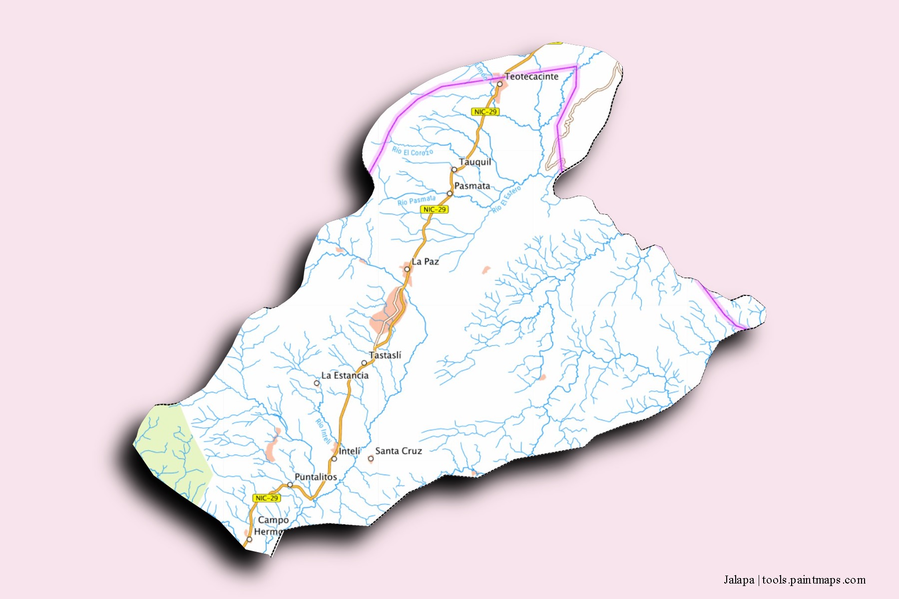 Mapa de barrios y pueblos de Jalapa con efecto de sombra 3D