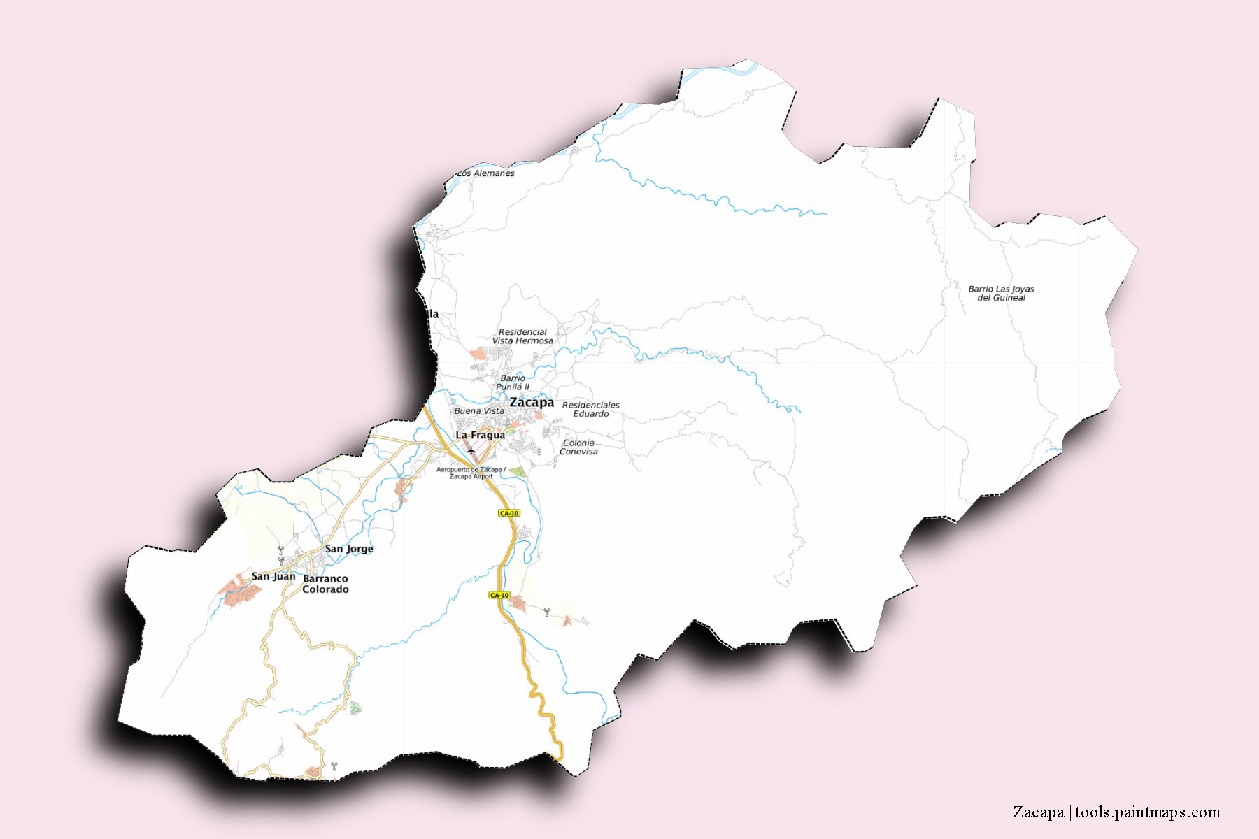 Mapa de barrios y pueblos de Zacapa con efecto de sombra 3D