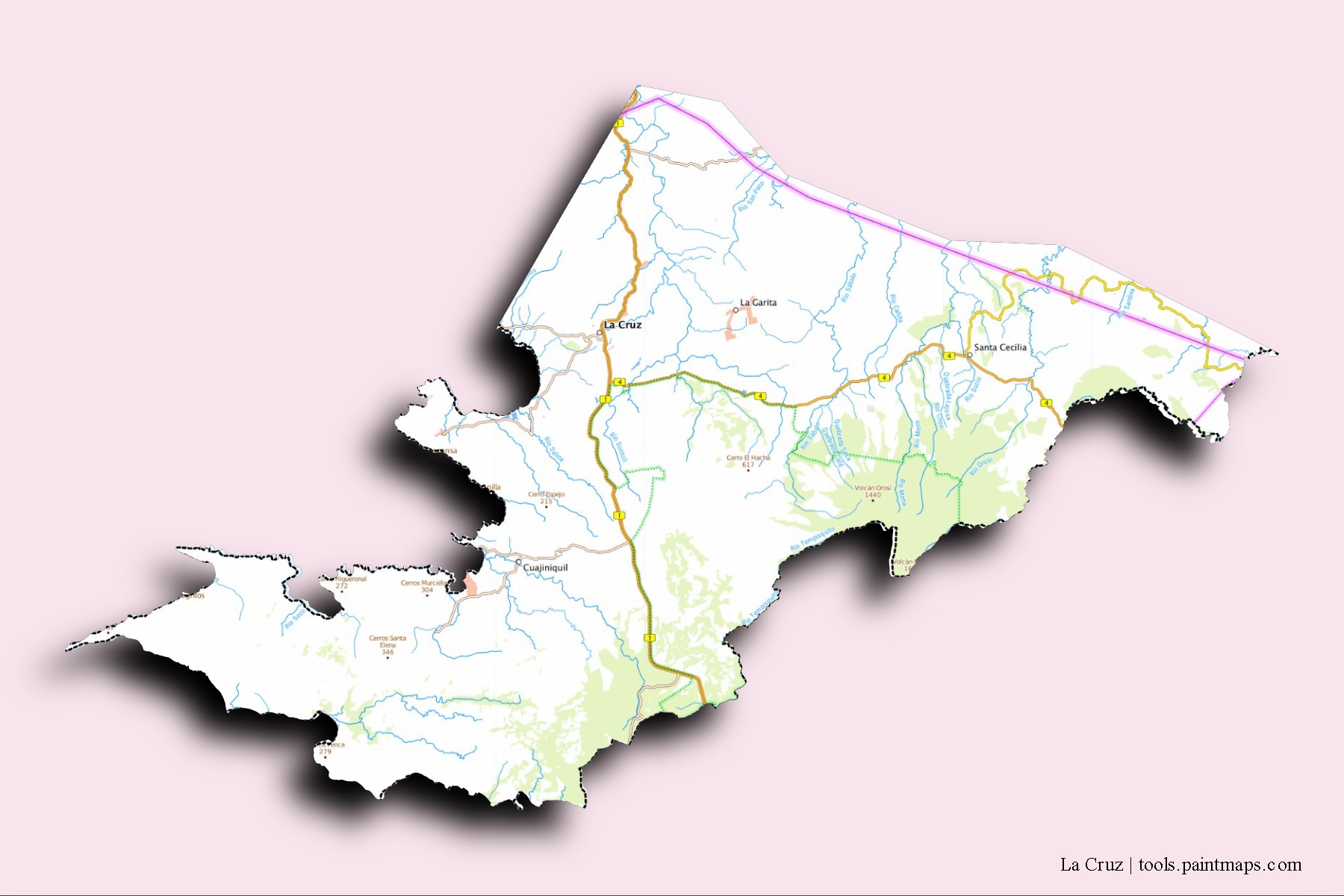 Mapa de barrios y pueblos de La Cruz con efecto de sombra 3D