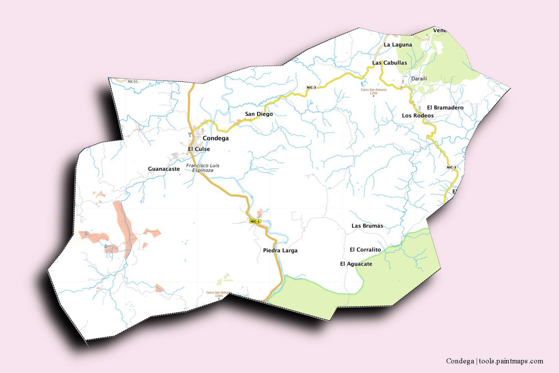 Mapa de barrios y pueblos de Condega con efecto de sombra 3D