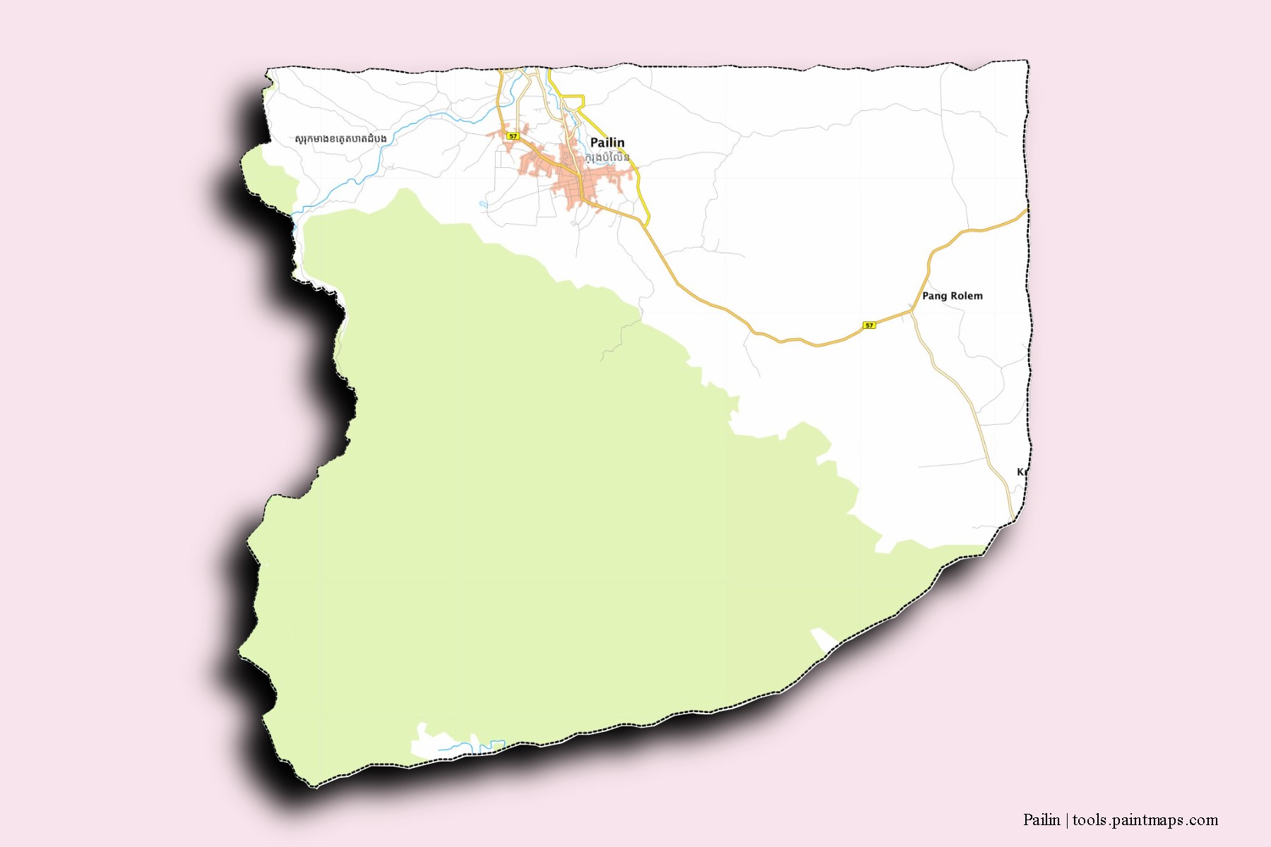 Mapa de barrios y pueblos de Pailin con efecto de sombra 3D