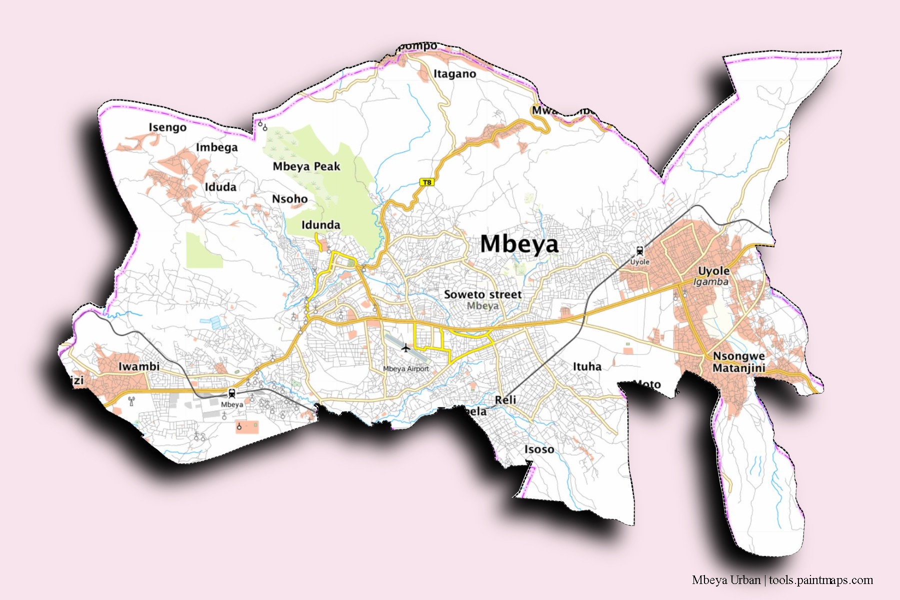 Mbeya Urban neighborhoods and villages map with 3D shadow effect