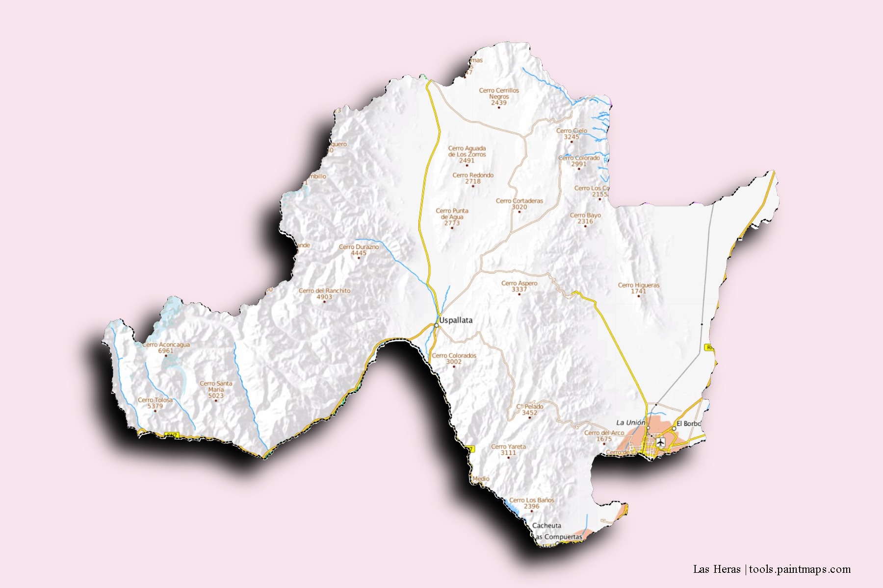 Las Heras neighborhoods and villages map with 3D shadow effect