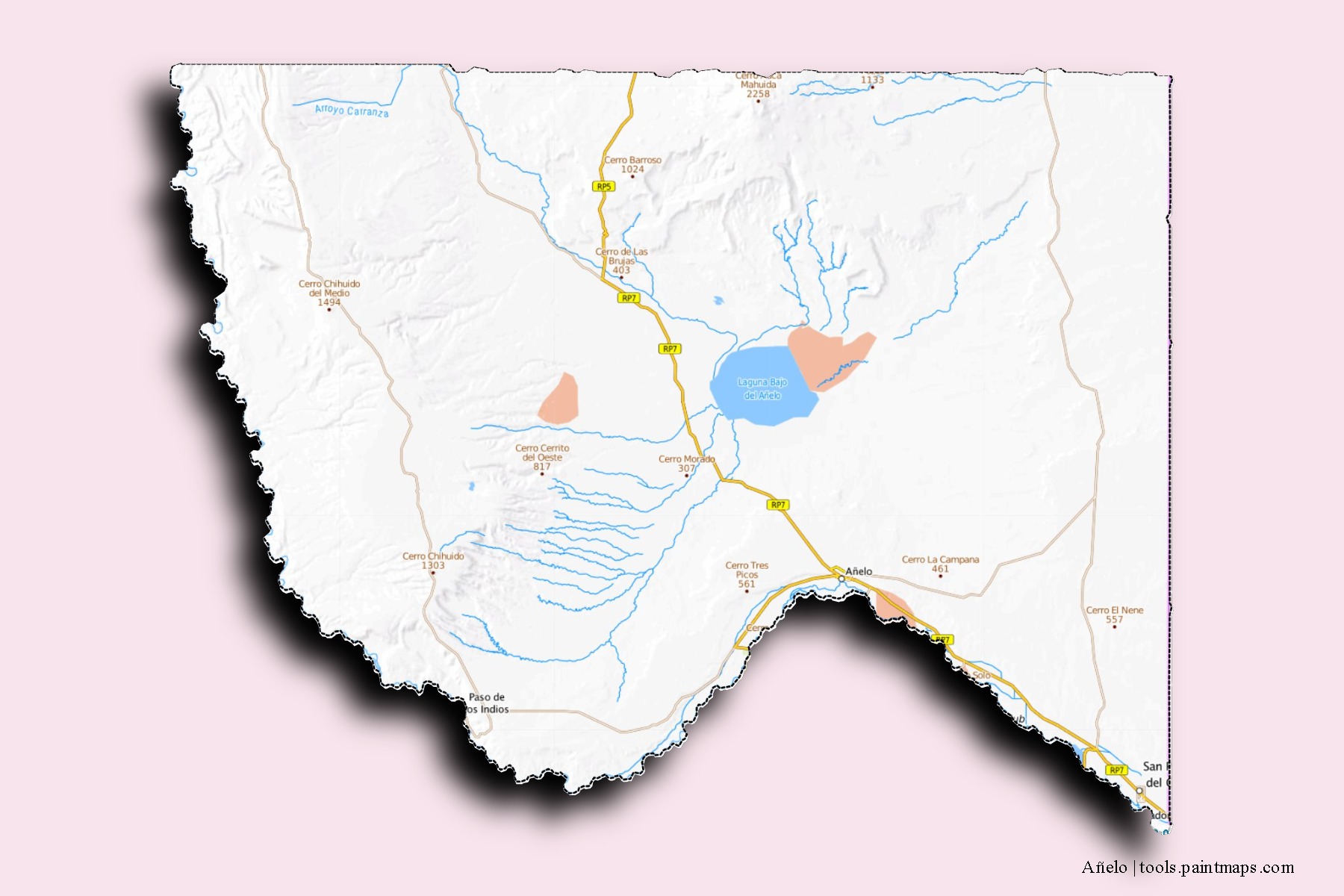 Añelo neighborhoods and villages map with 3D shadow effect