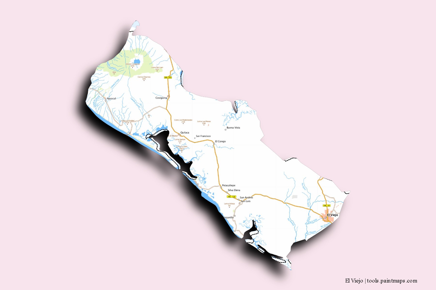 Mapa de barrios y pueblos de El Viejo con efecto de sombra 3D